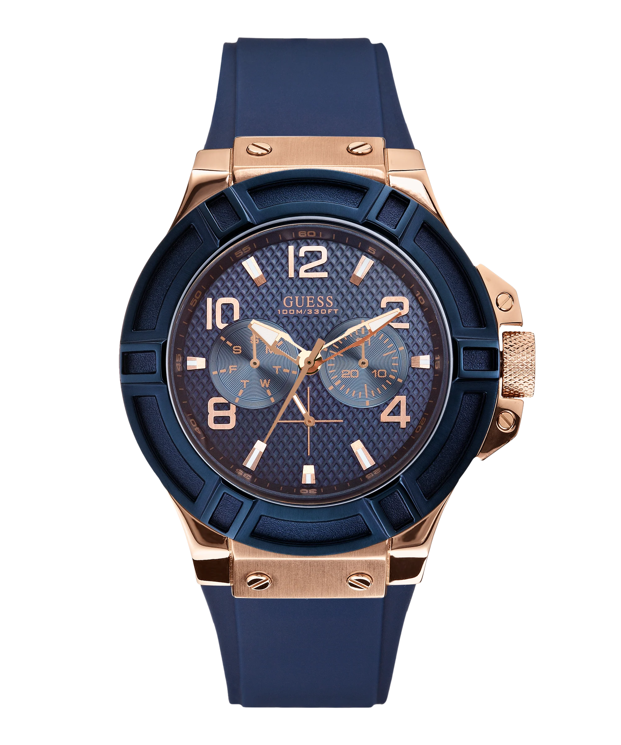 GUESS Mens Blue Rose Gold Tone Multi-function Watch