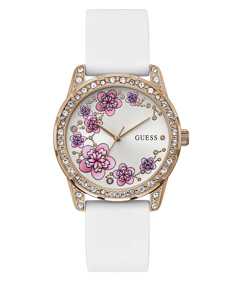 GUESS Ladies White Rose Gold Tone Analog Watch