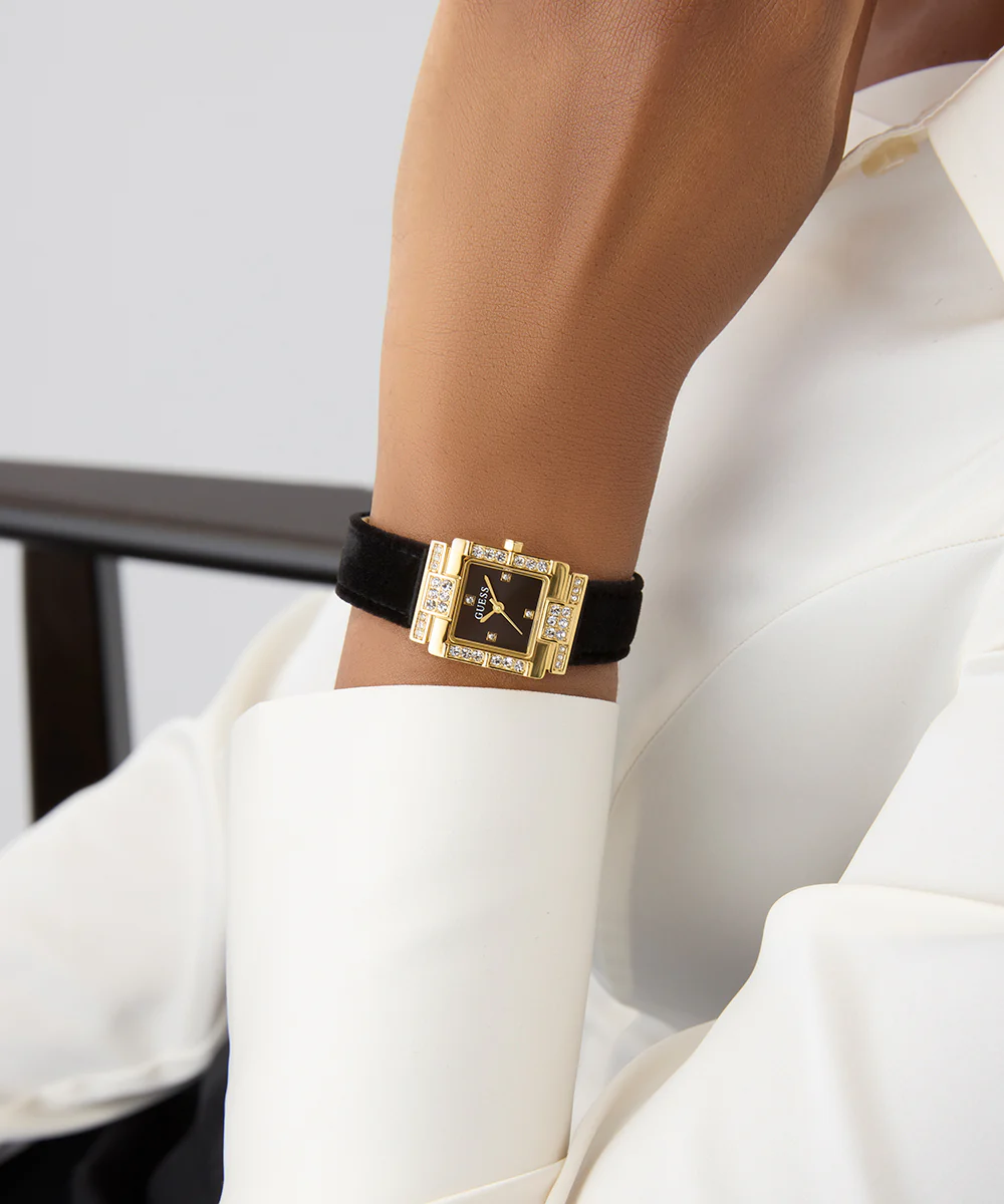 GUESS Ladies Black Gold Tone Analog Watch