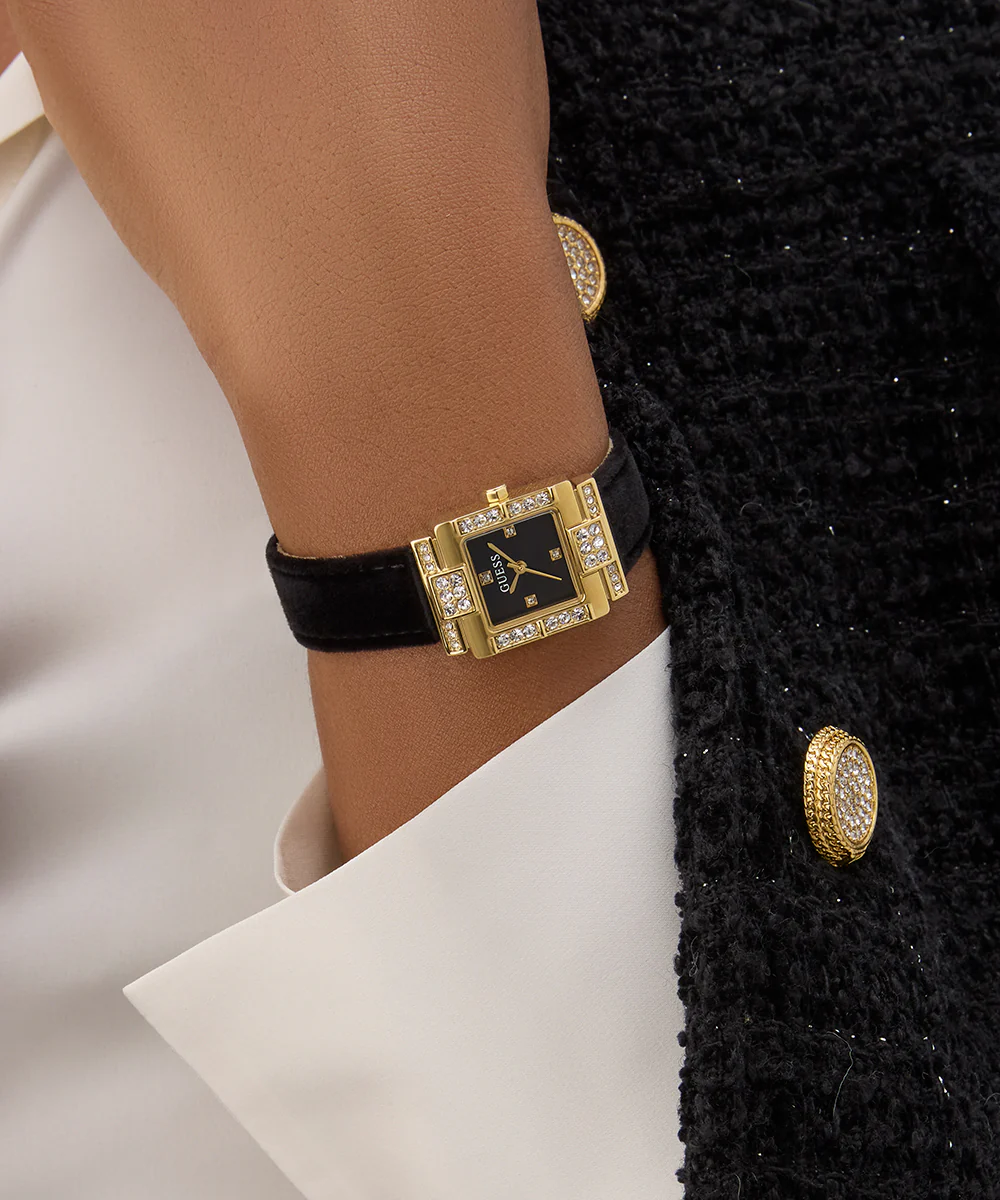 GUESS Ladies Black Gold Tone Analog Watch