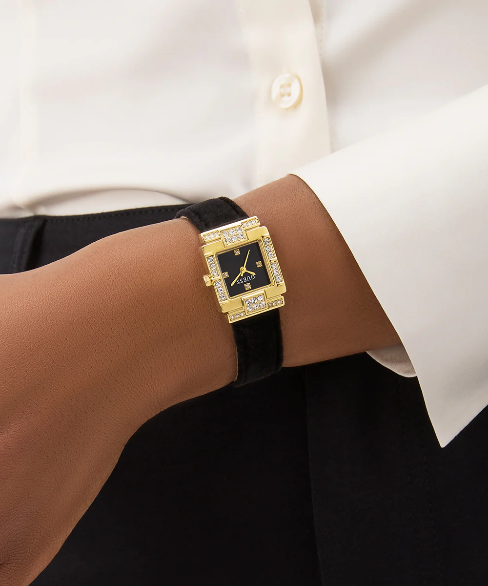 GUESS Ladies Black Gold Tone Analog Watch