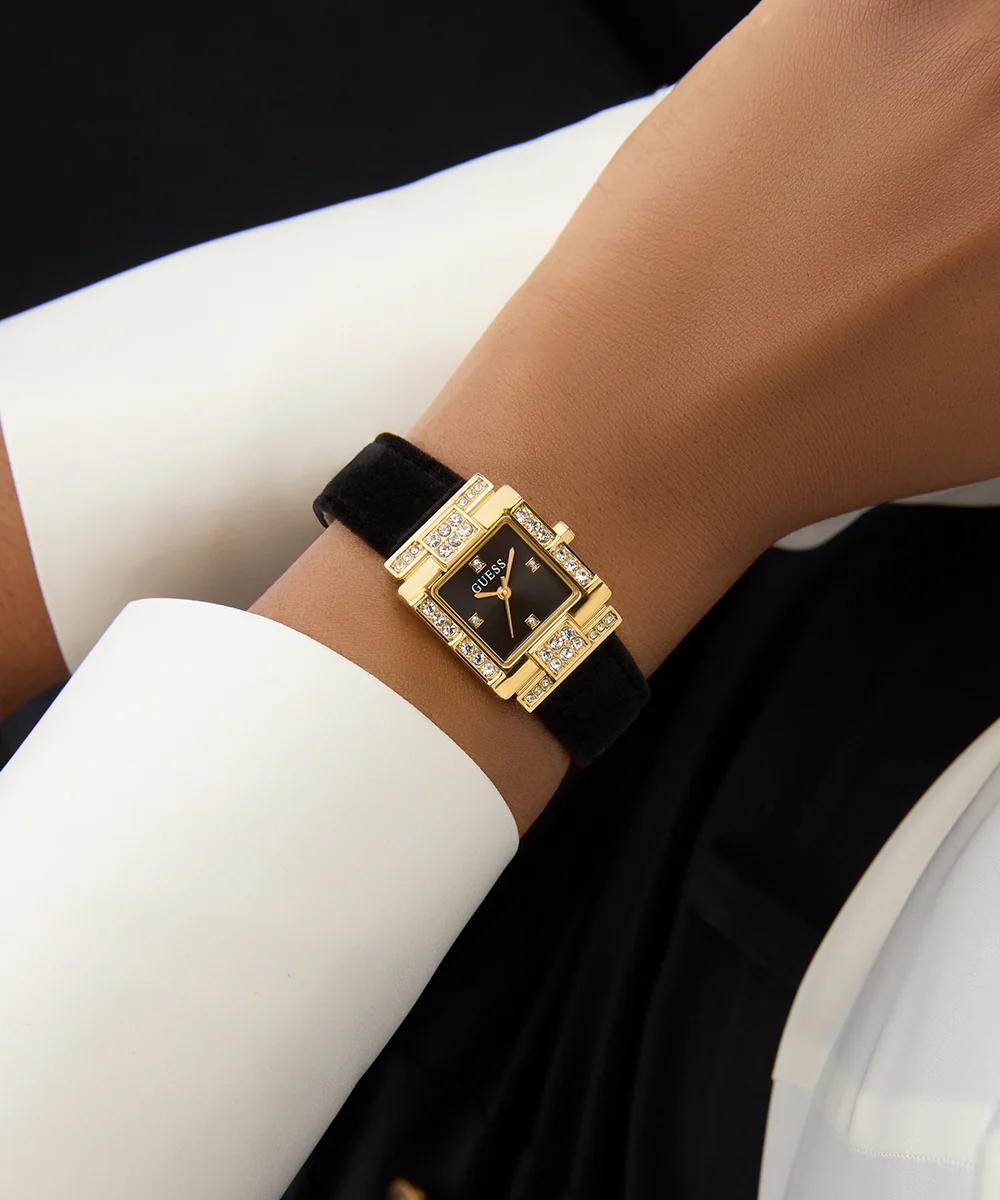 GUESS Ladies Black Gold Tone Analog Watch
