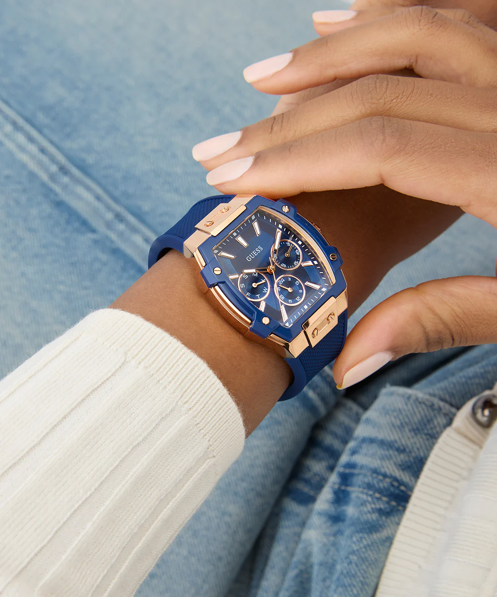 GUESS Ladies Blue Rose Gold Tone Multi-function Watch