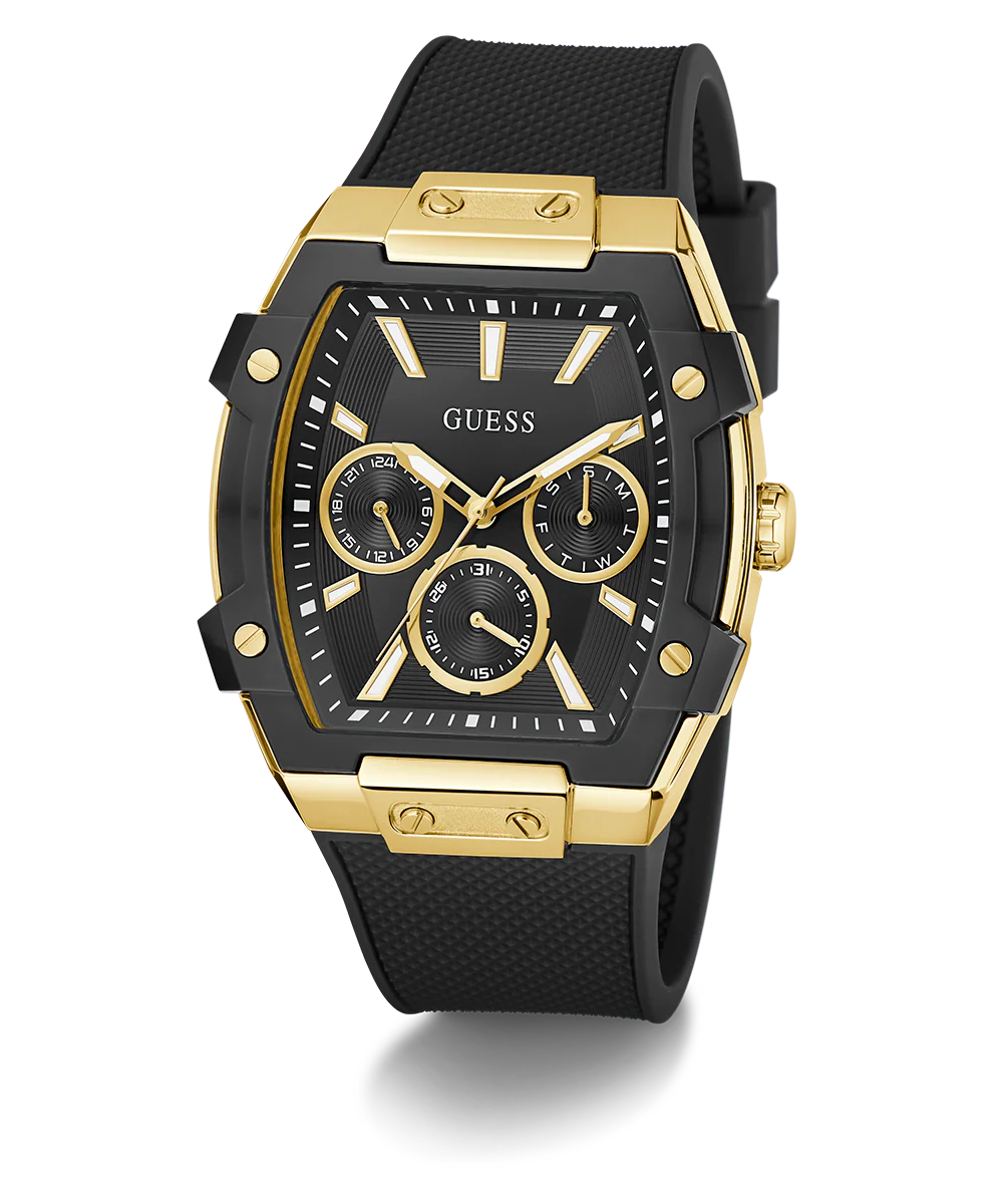 GUESS Mens Black Gold Tone Multi-function Watch