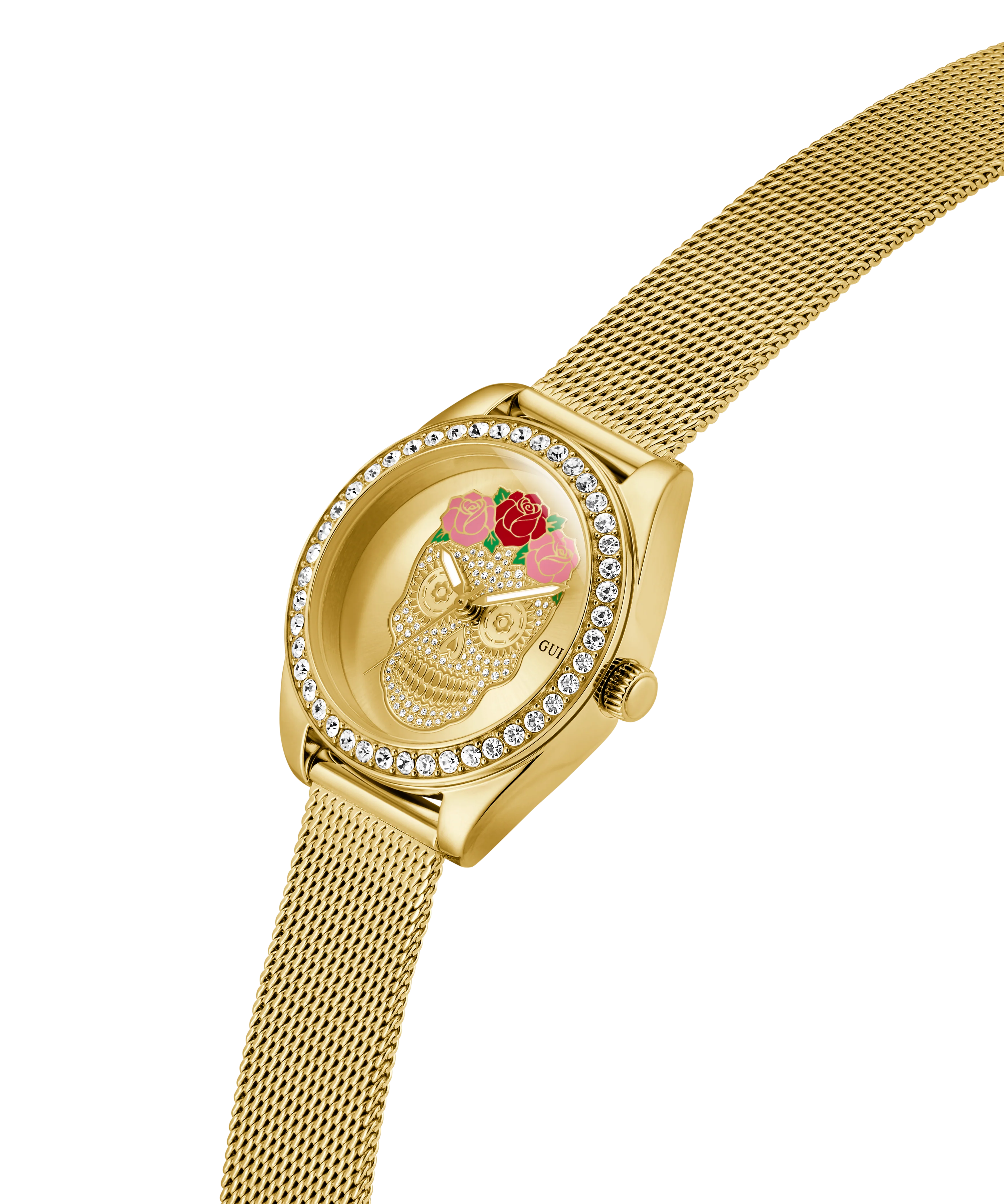GUESS Ladies Day Of The Dead Gold Tone Analog Watch