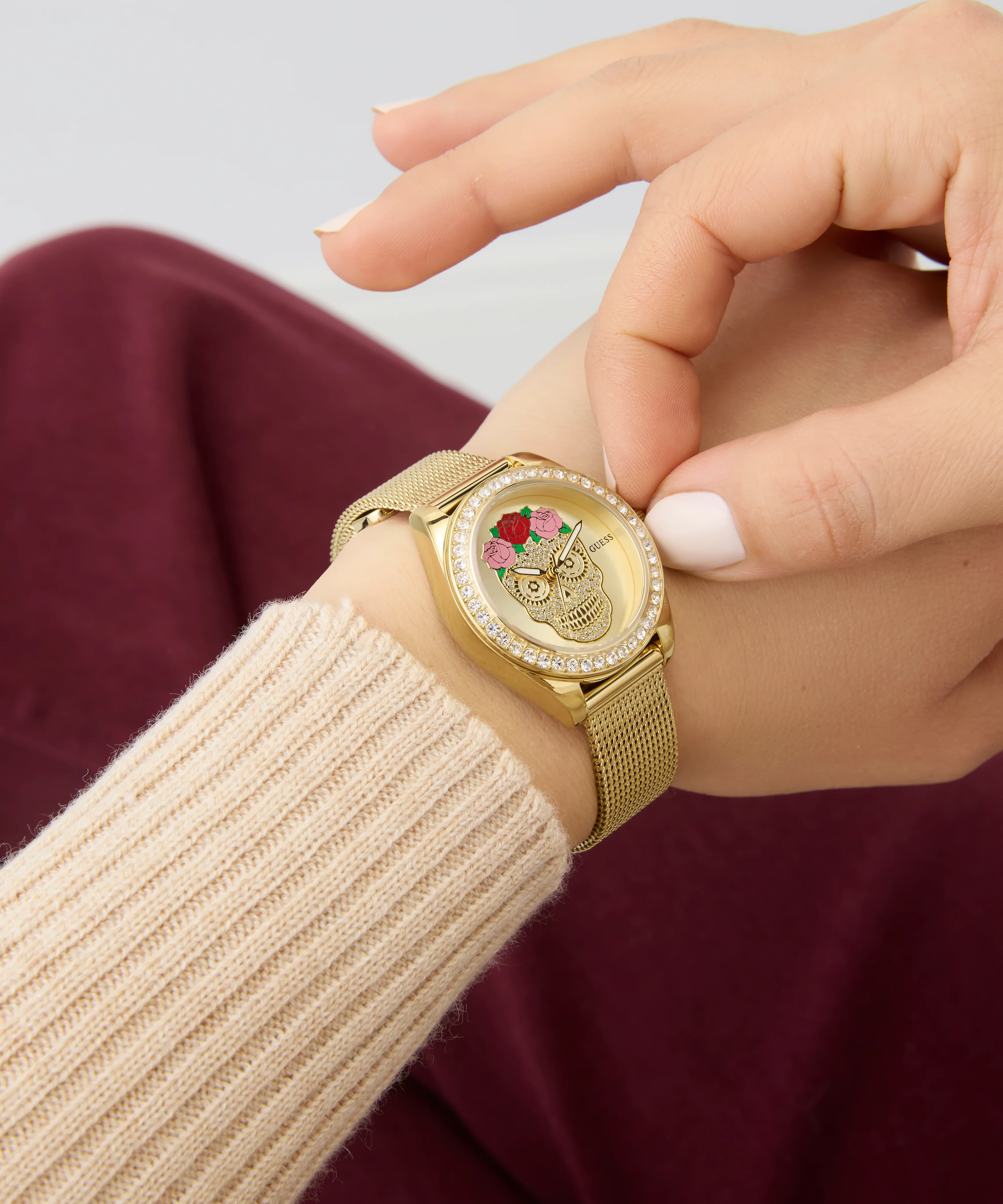 GUESS Ladies Day Of The Dead Gold Tone Analog Watch