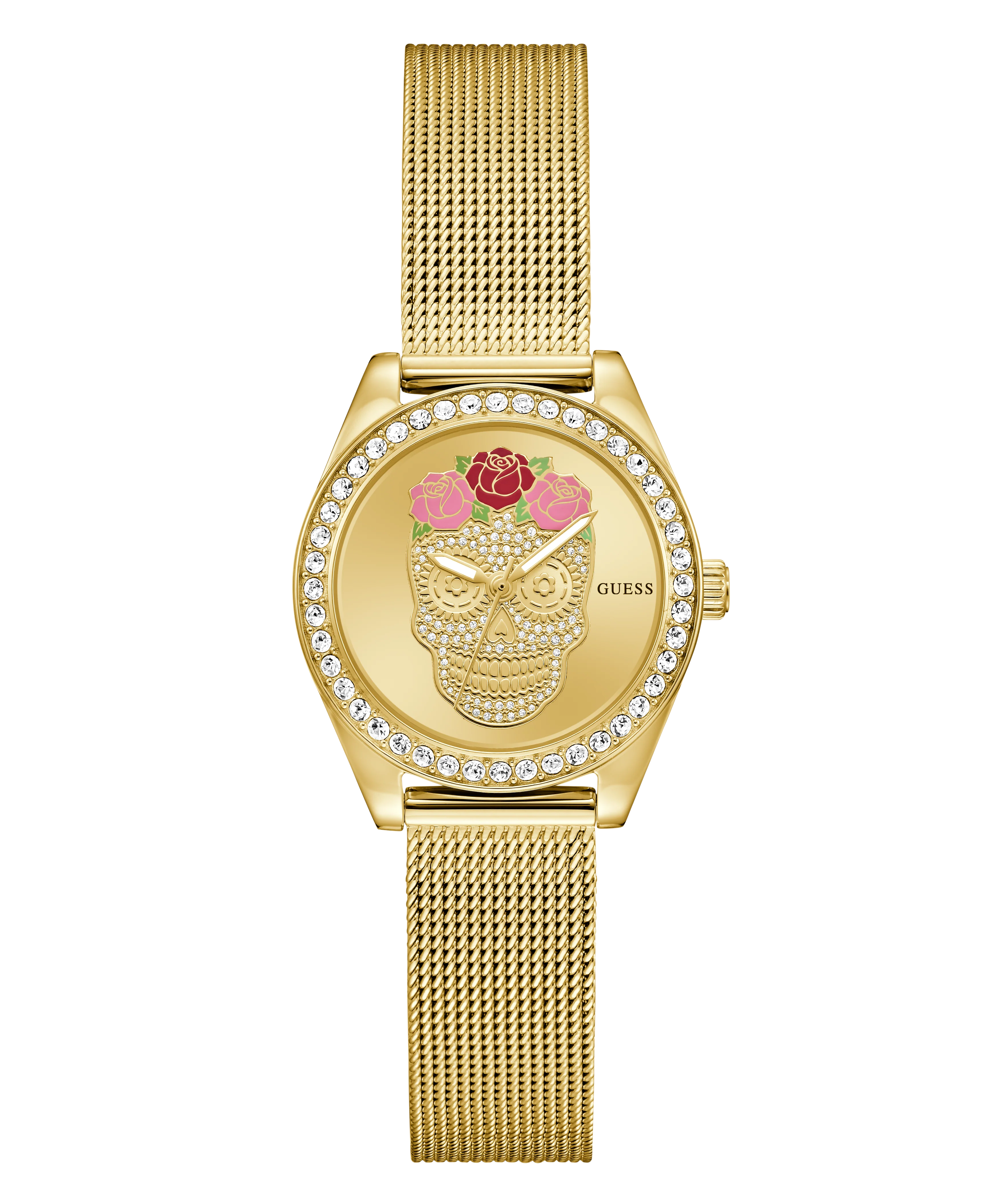 GUESS Ladies Day Of The Dead Gold Tone Analog Watch