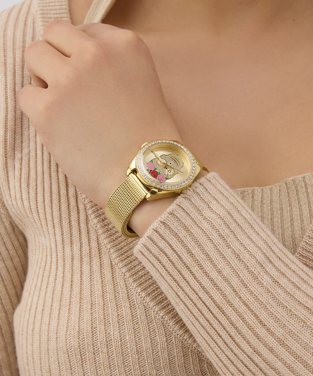 GUESS Ladies Day Of The Dead Gold Tone Analog Watch
