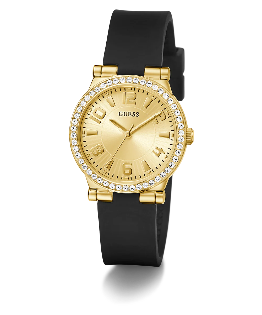 GUESS Ladies Black Gold Tone Analog Watch