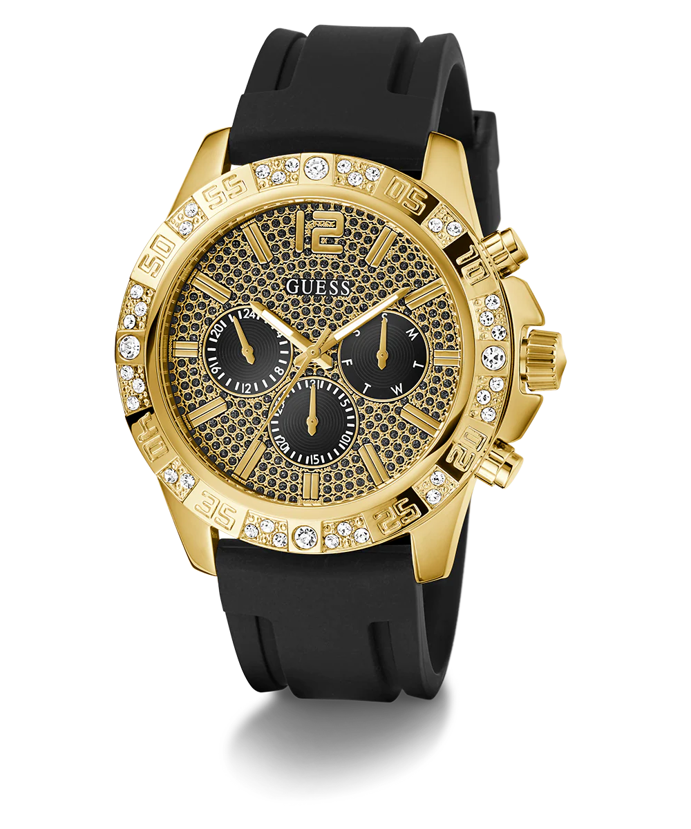GUESS Mens Black Gold Tone Multi-function Watch