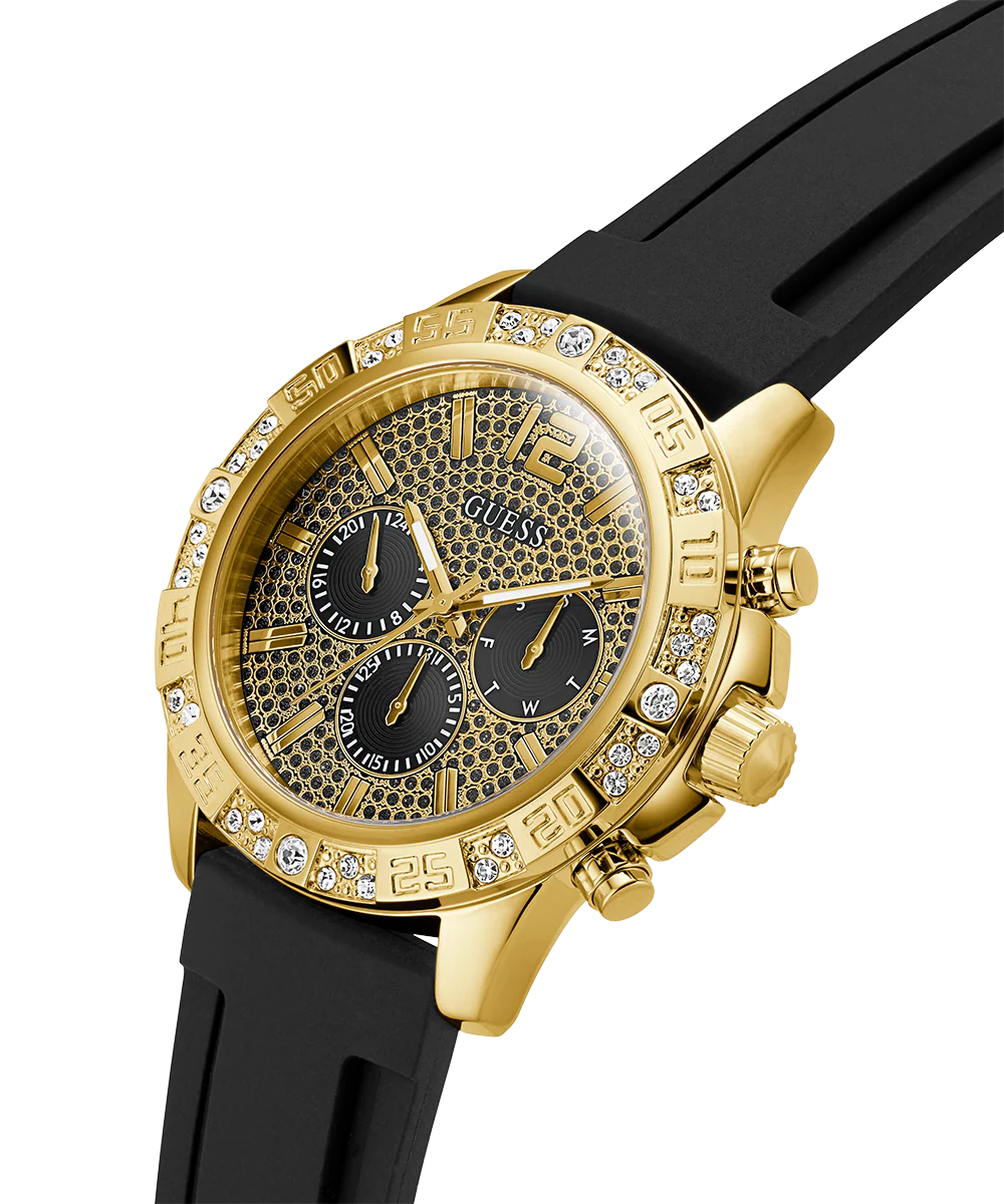 GUESS Mens Black Gold Tone Multi-function Watch