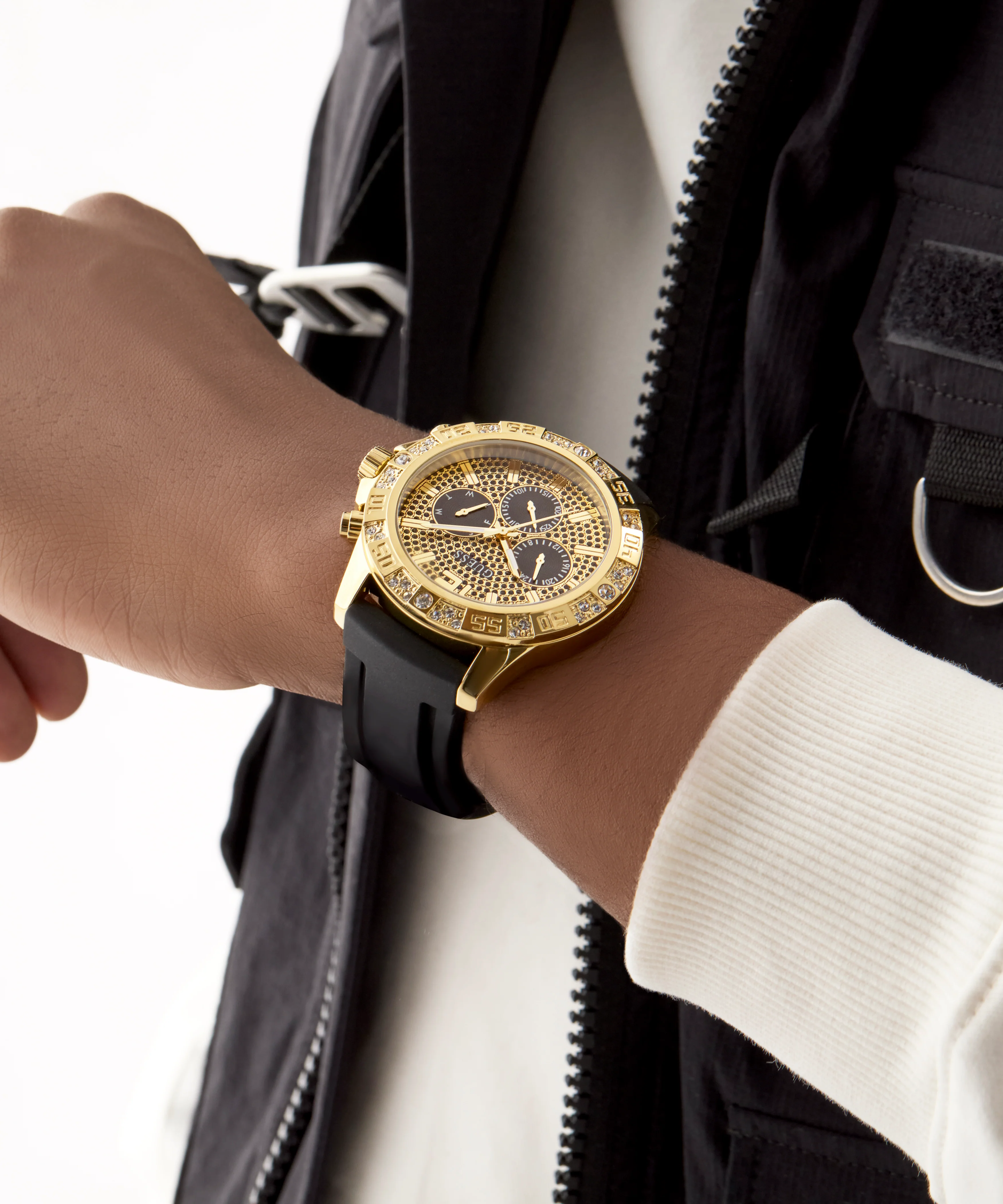 GUESS Mens Black Gold Tone Multi-function Watch