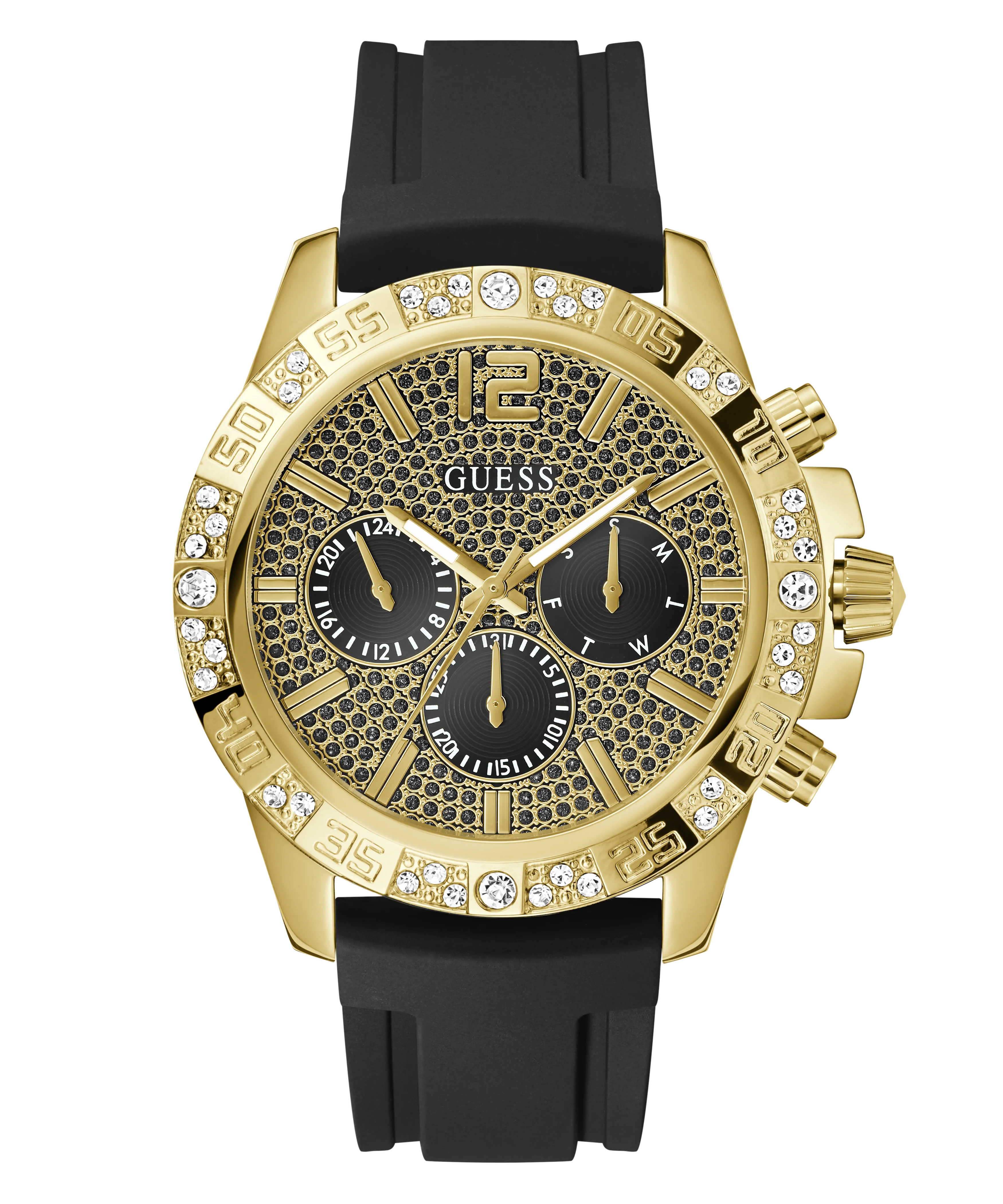 GUESS Mens Black Gold Tone Multi-function Watch