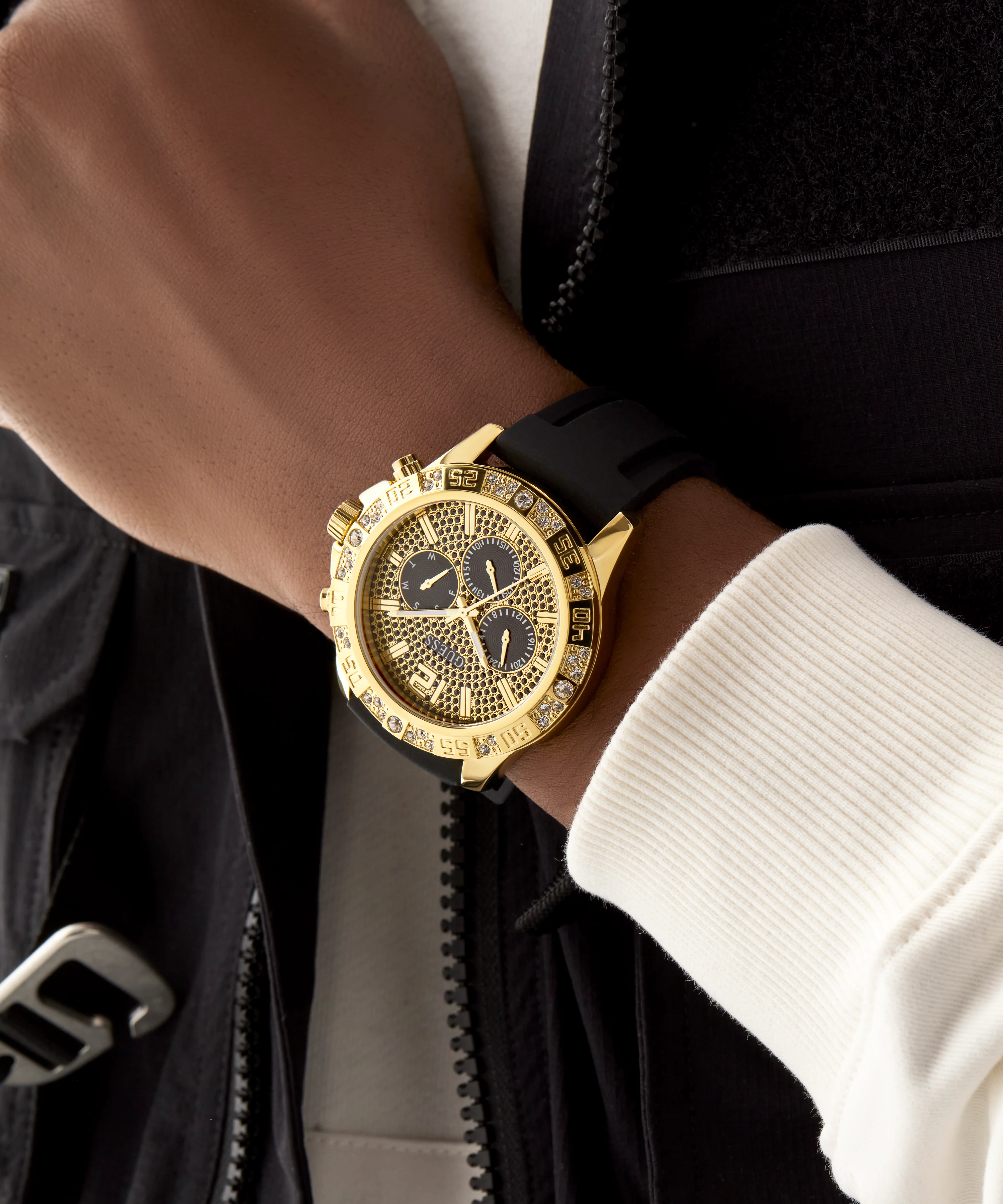 GUESS Mens Black Gold Tone Multi-function Watch
