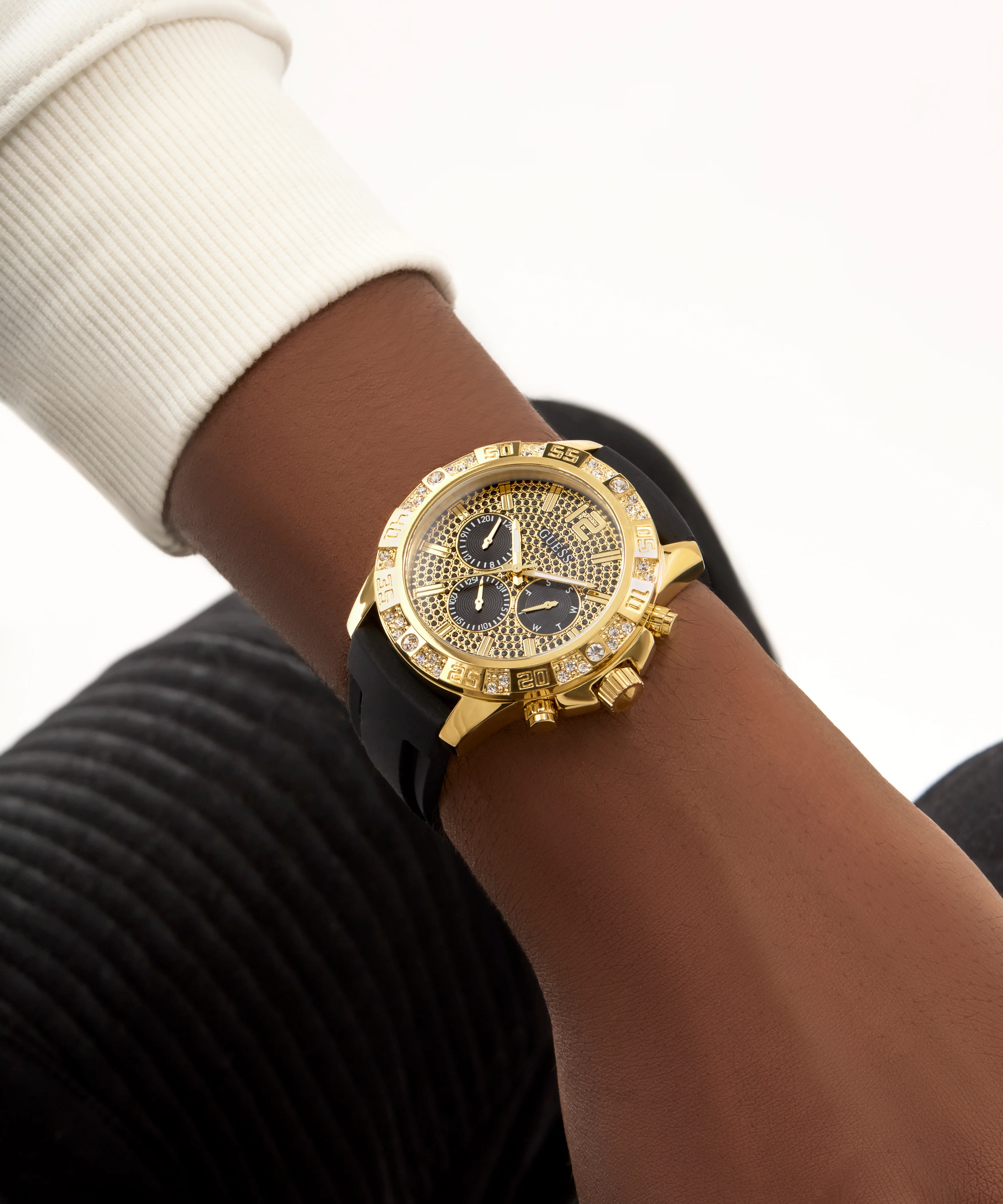 GUESS Mens Black Gold Tone Multi-function Watch