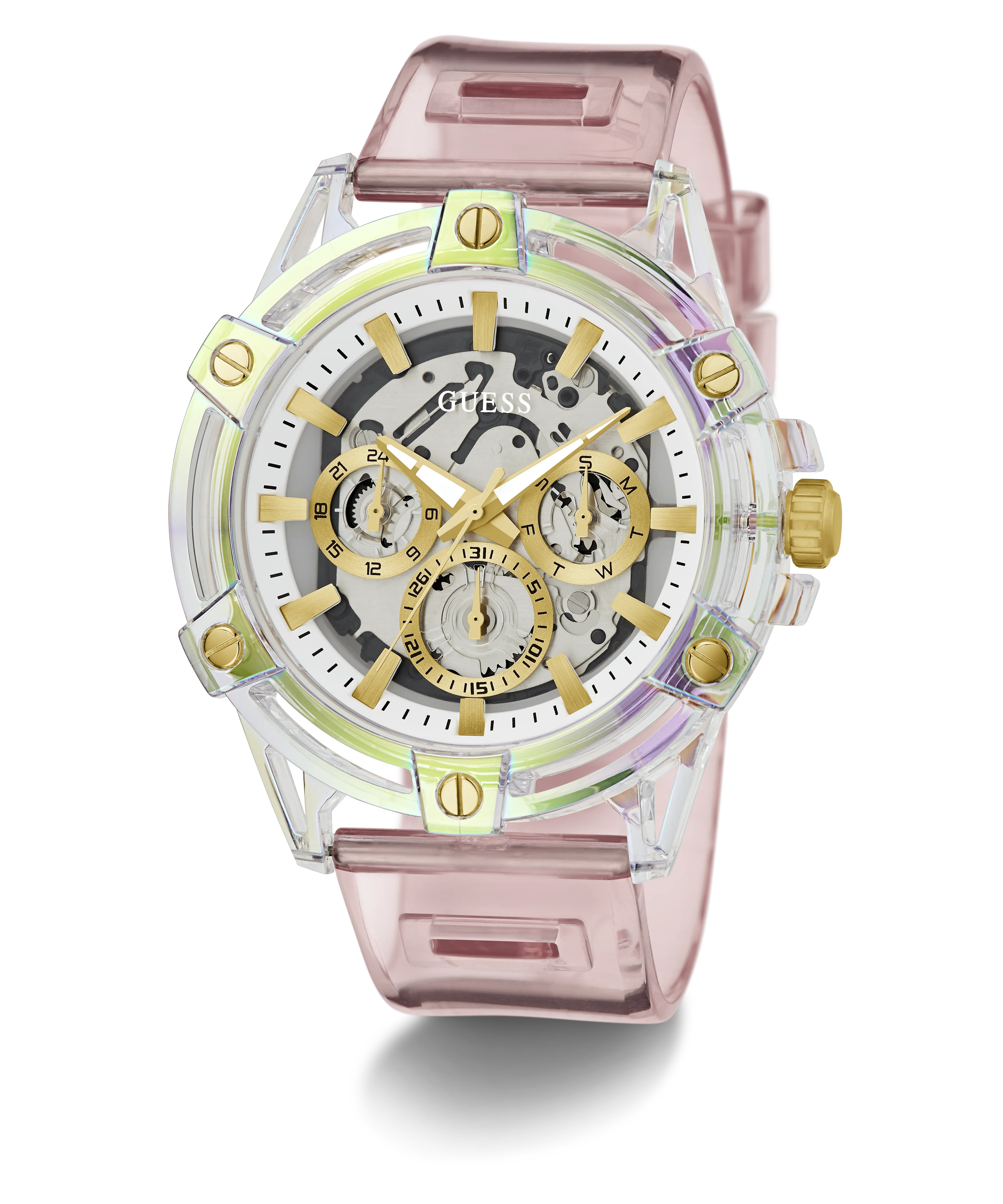 GUESS Mens Pink Clear Multi-function Watch