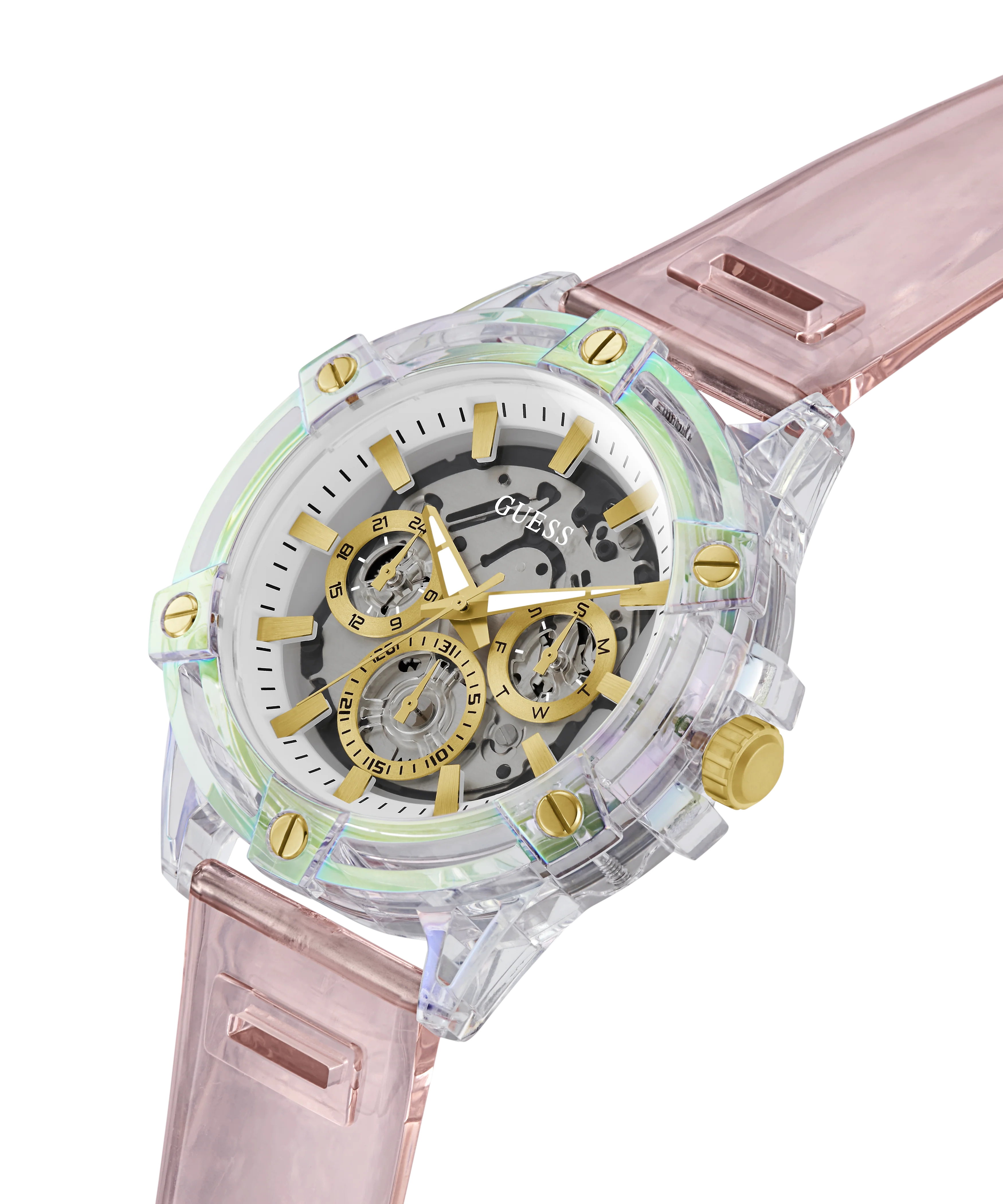 GUESS Mens Pink Clear Multi-function Watch