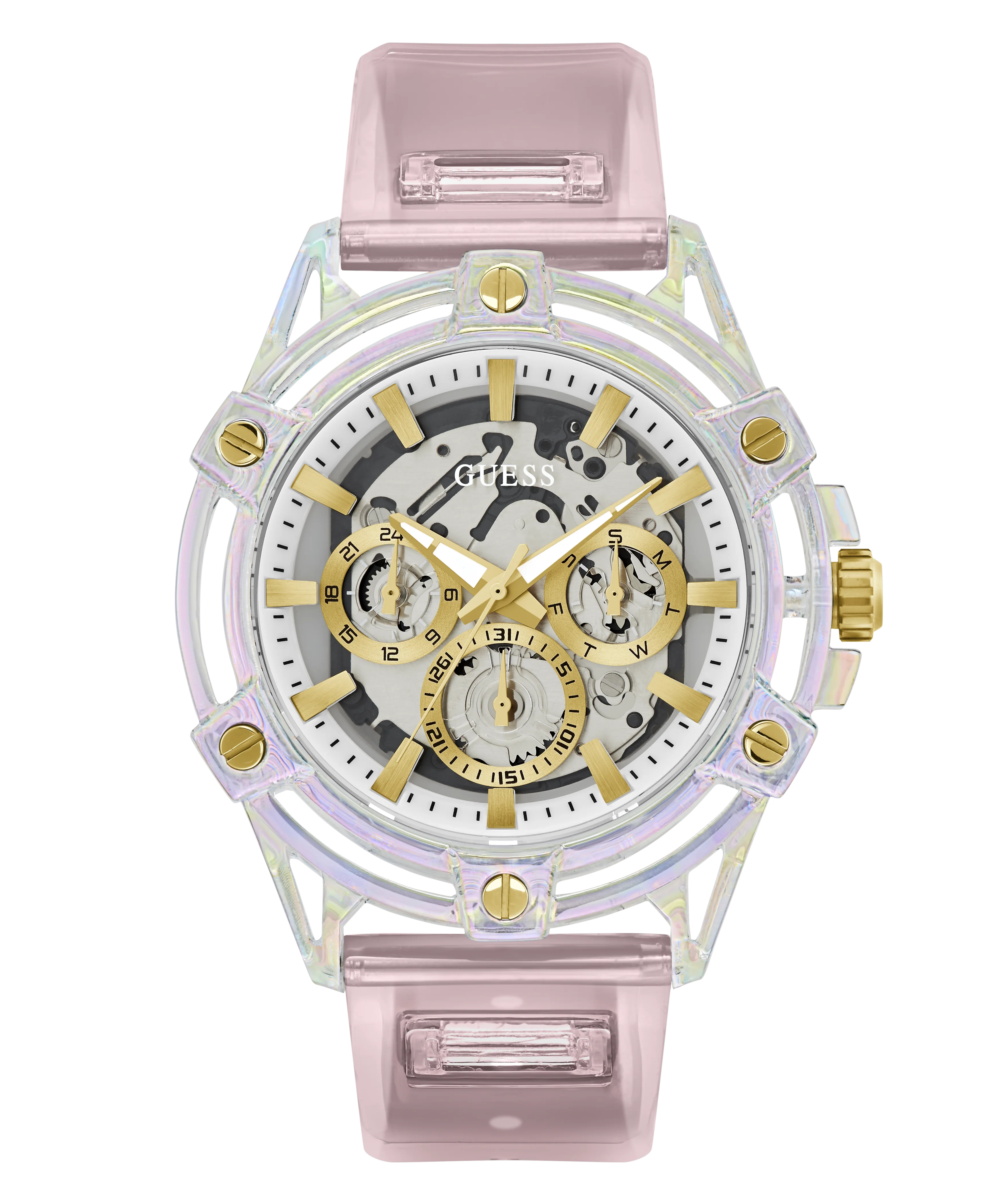 GUESS Mens Pink Clear Multi-function Watch