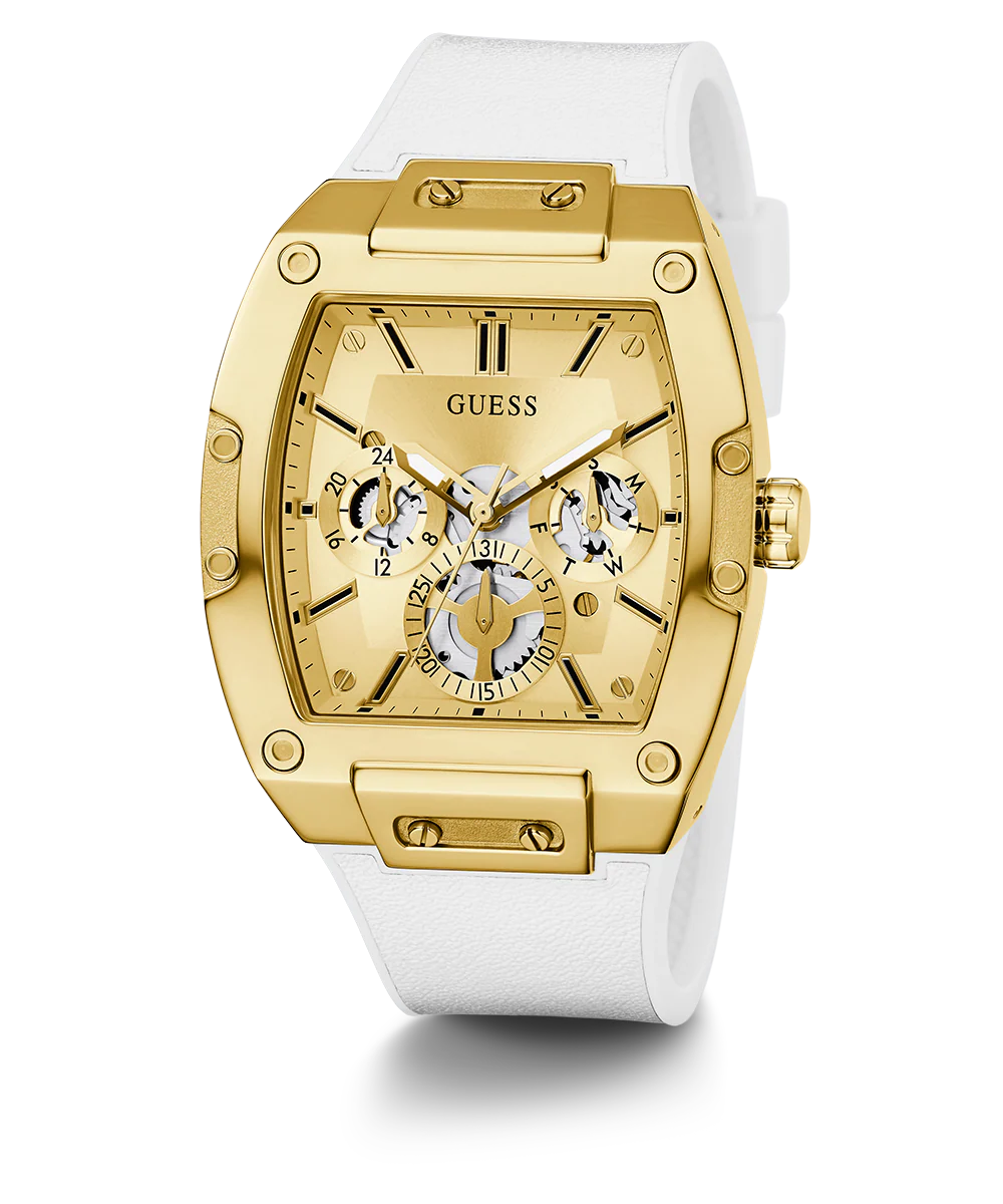 GUESS Mens White Gold Tone Multi-function Watch