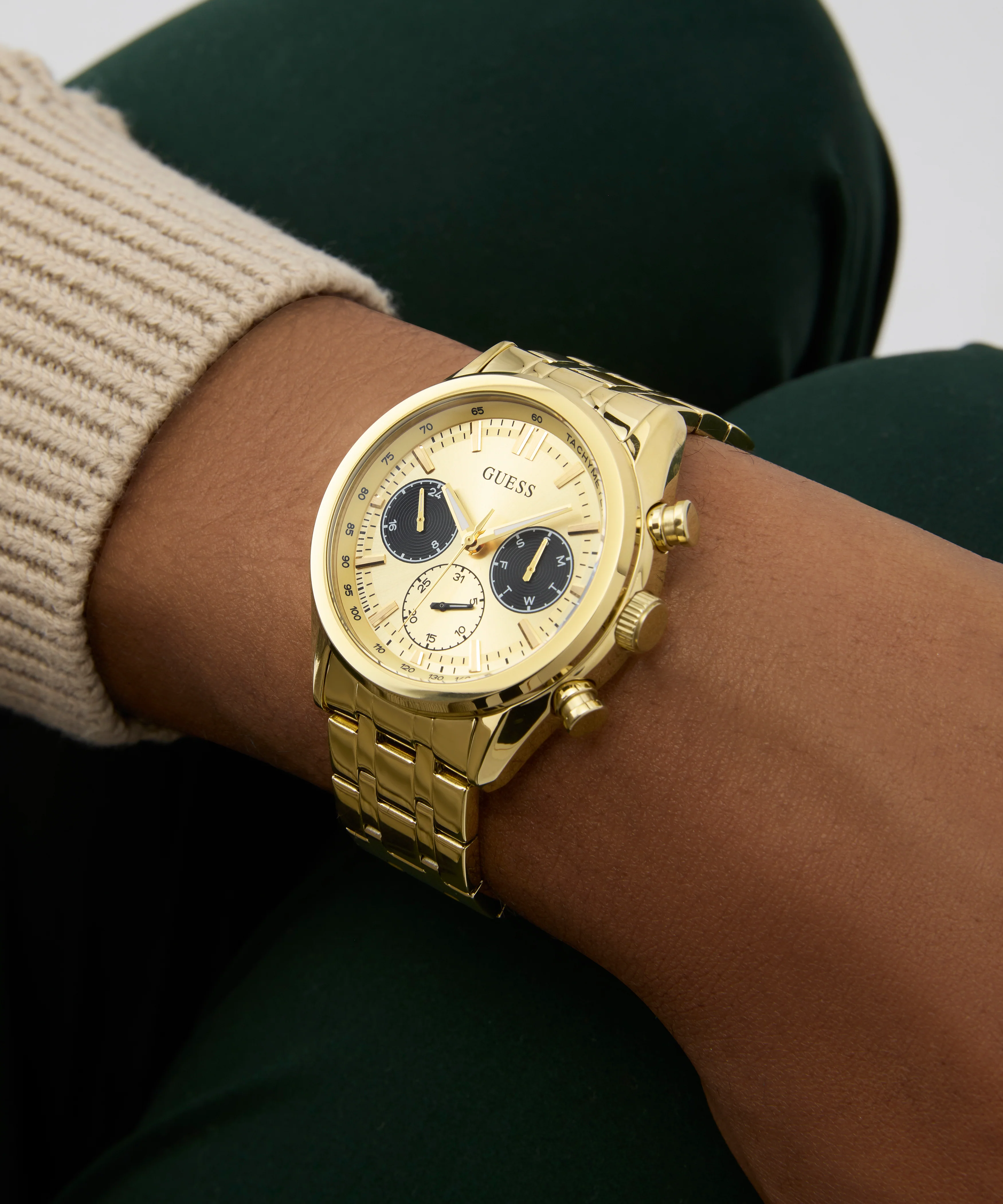GUESS Mens Gold Tone Multi-function Watch