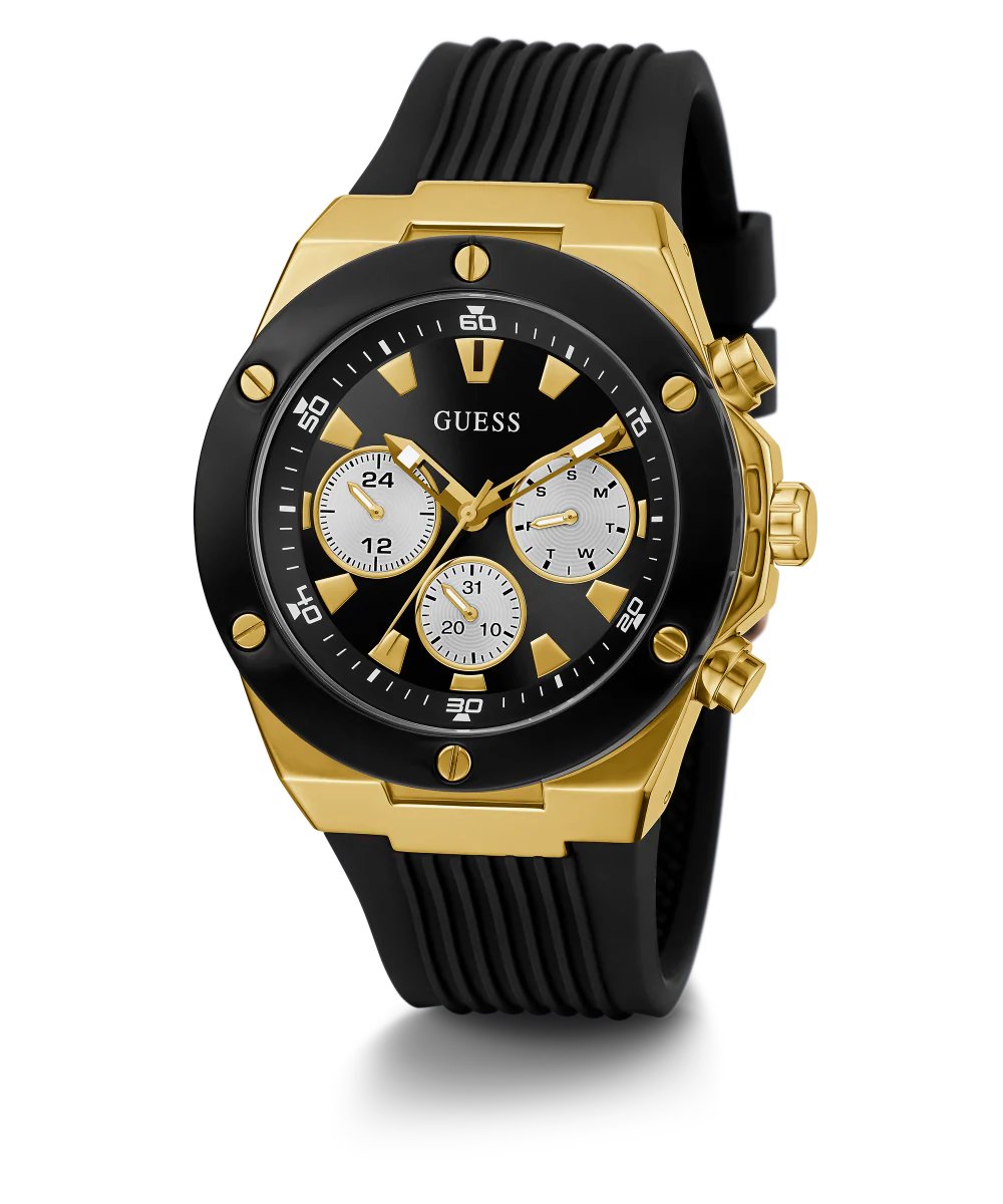 GUESS Mens Black Gold Tone Multi-function Watch