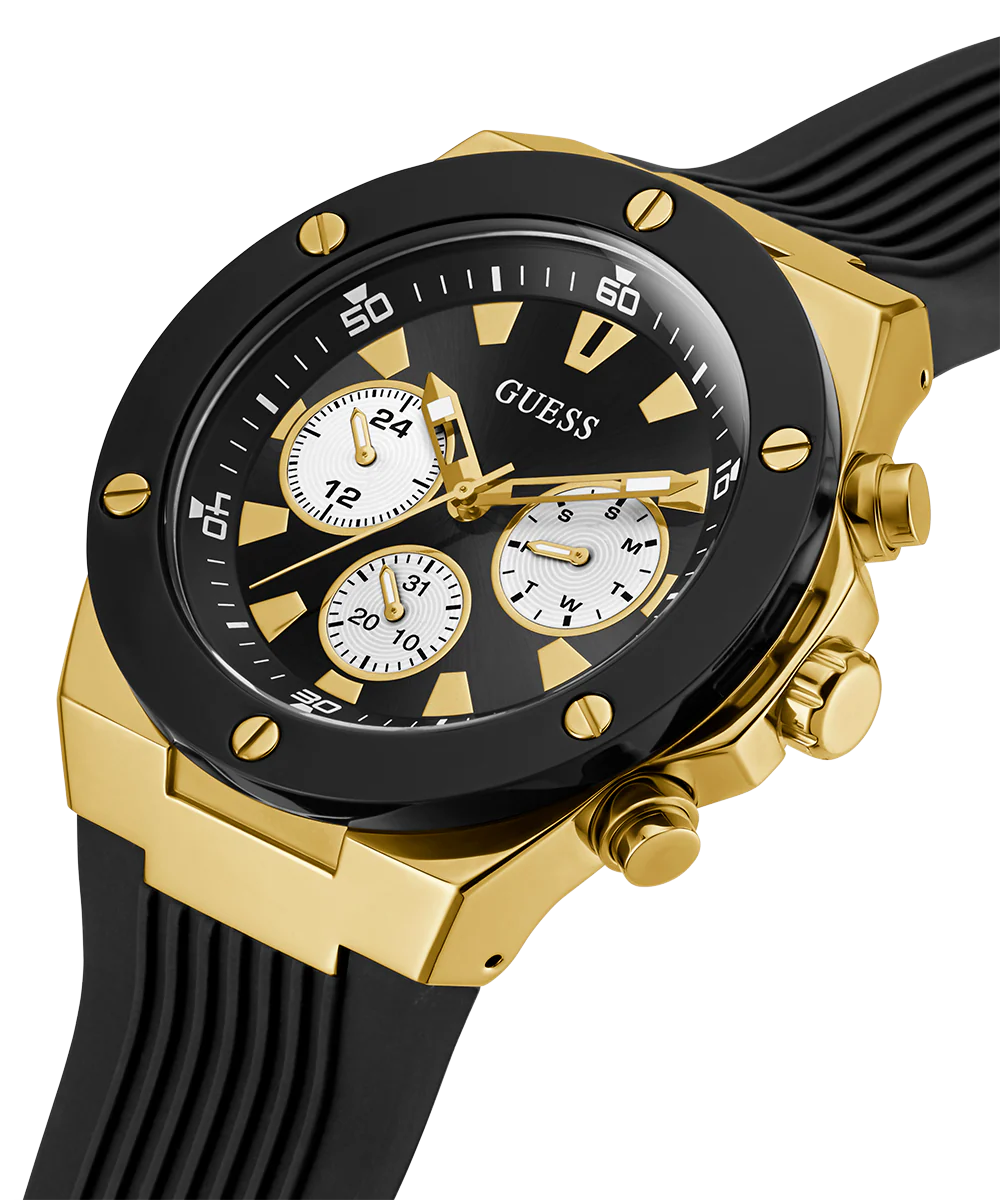 GUESS Mens Black Gold Tone Multi-function Watch