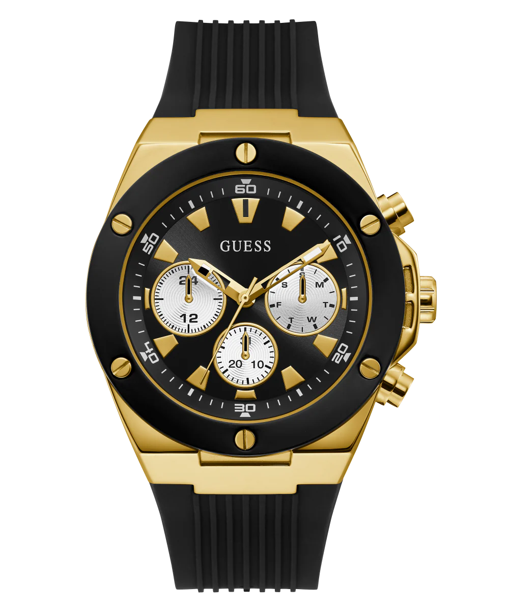 GUESS Mens Black Gold Tone Multi-function Watch