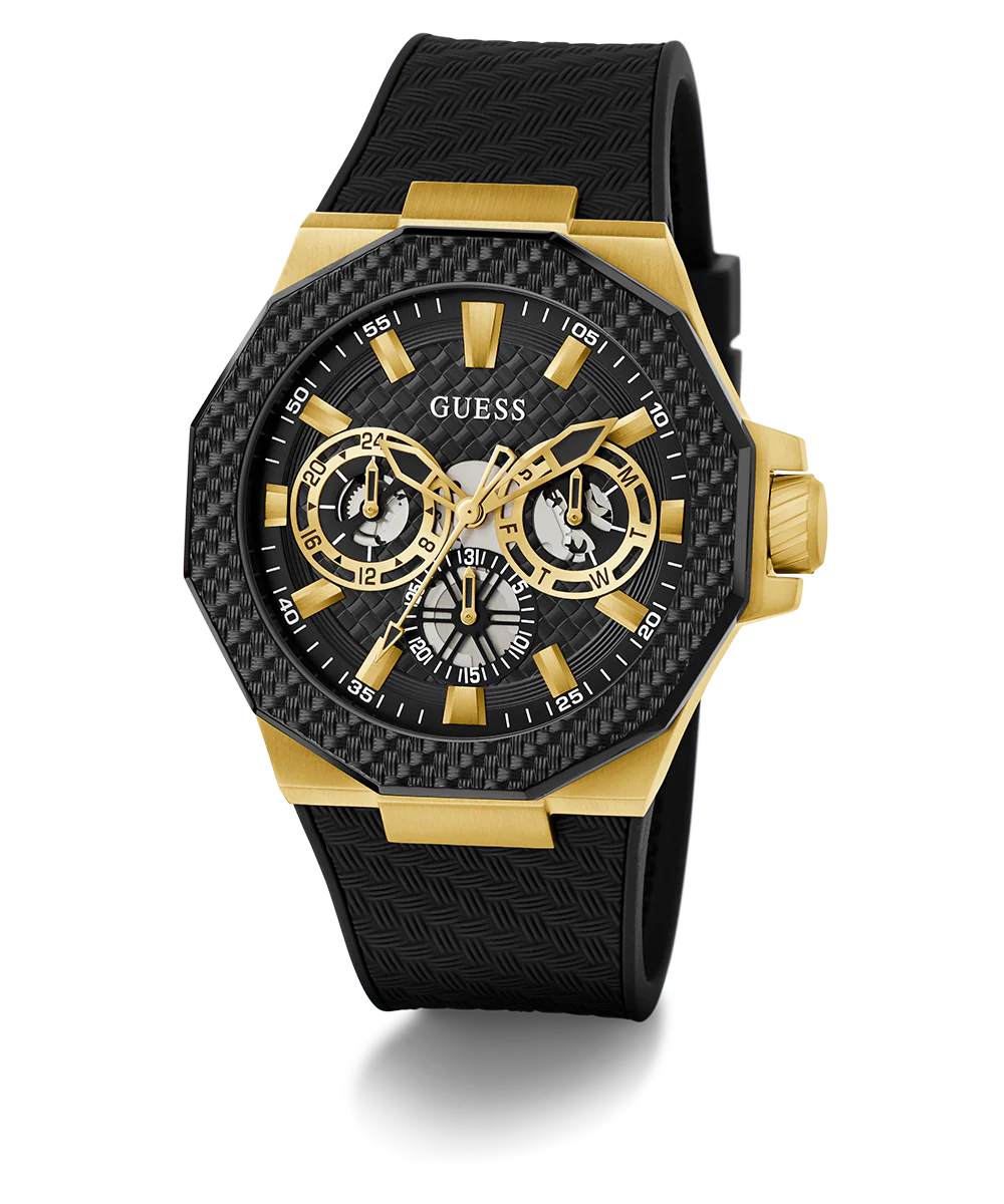 GUESS Mens Black Gold Tone Multi-function Watch
