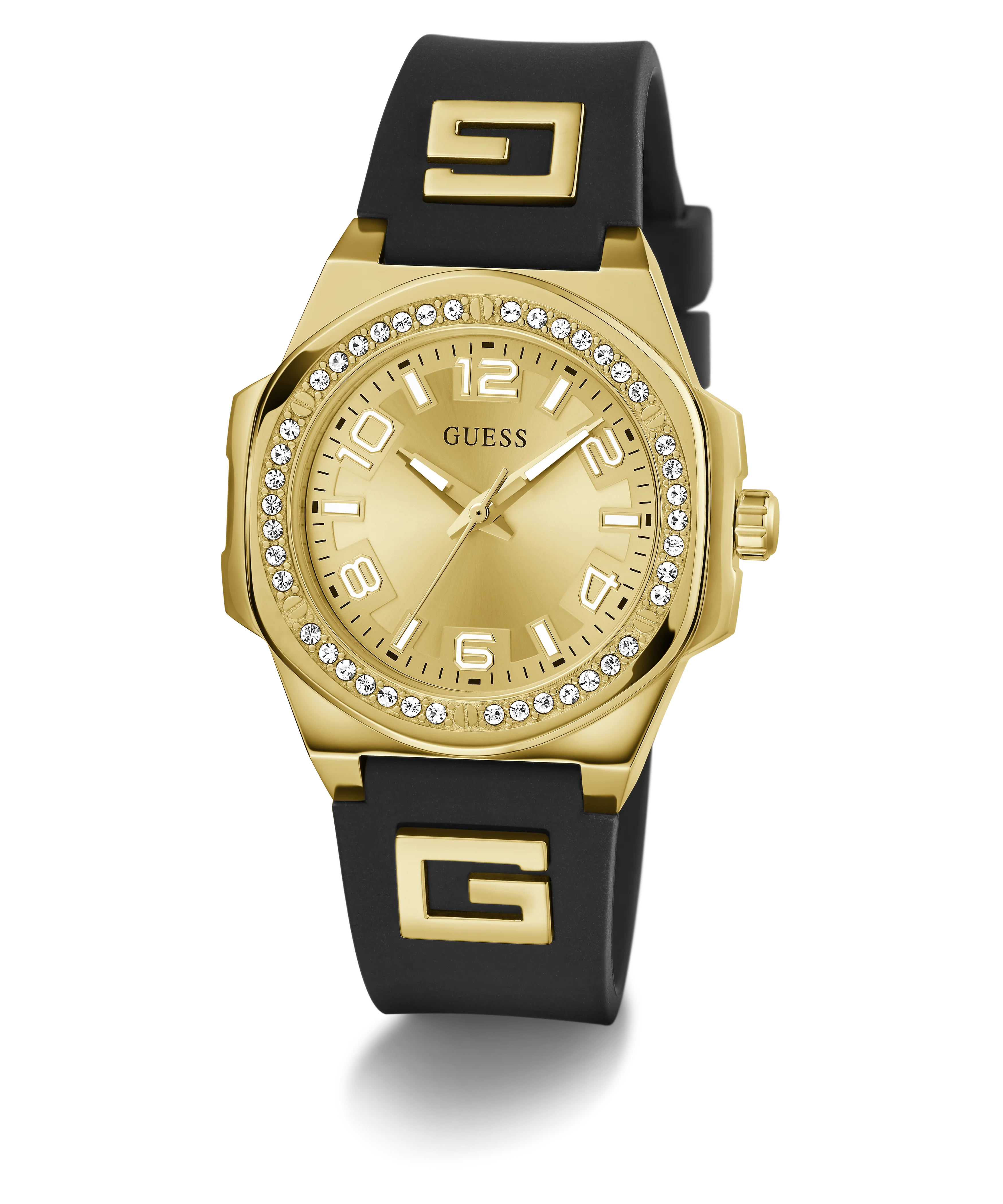GUESS Ladies Black Gold Tone Analog Watch