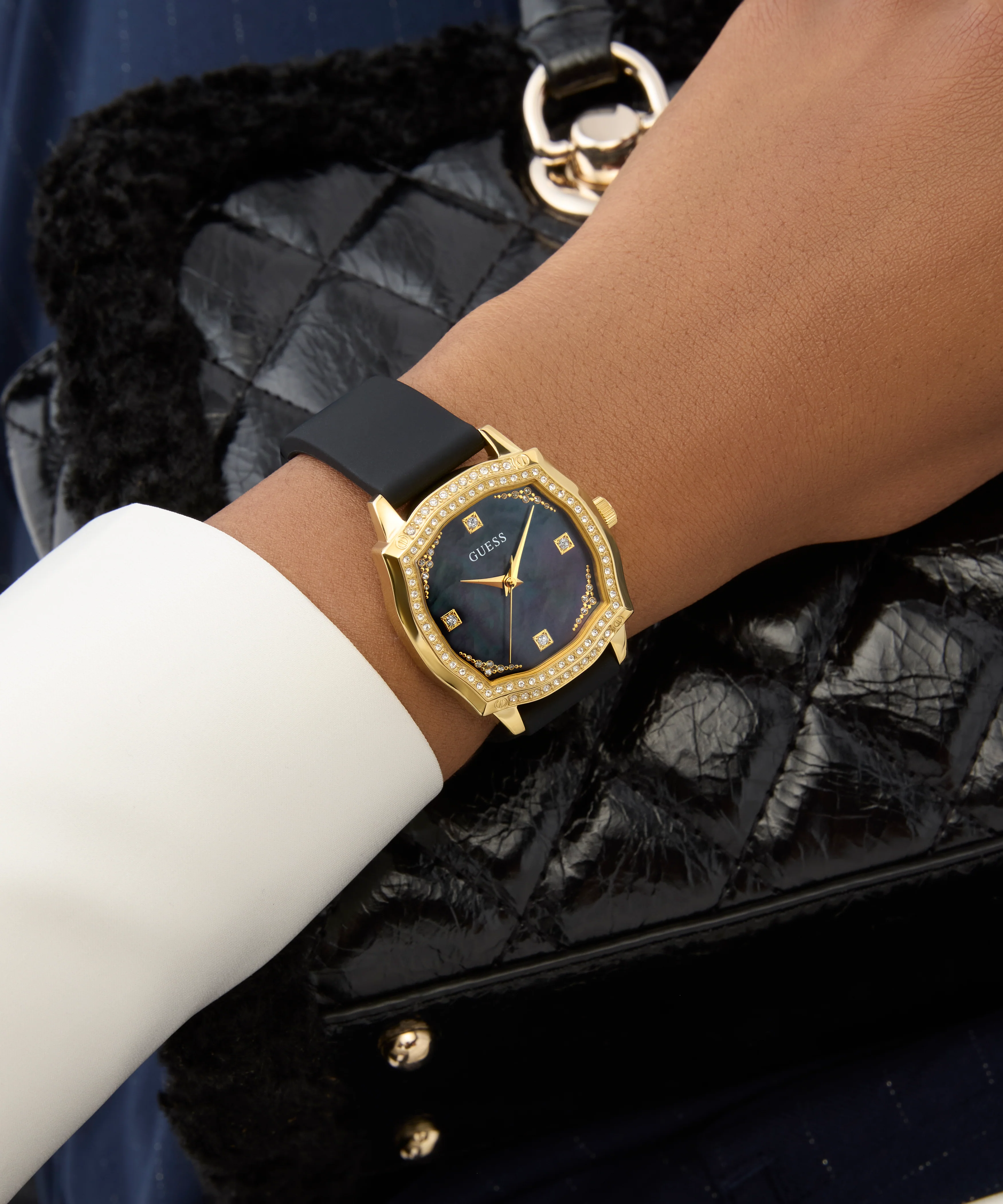 GUESS Ladies Black Gold Tone Analog Watch