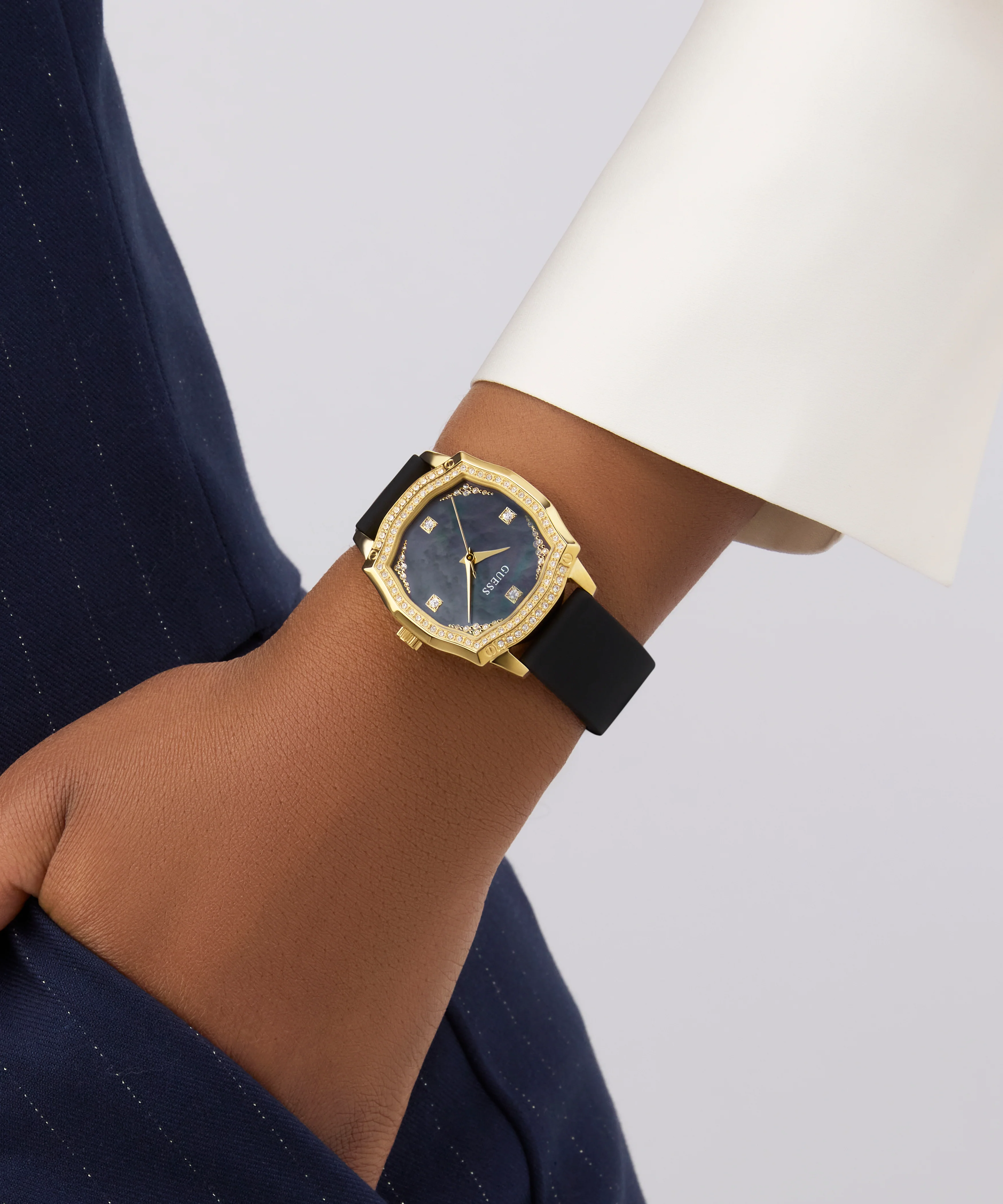 GUESS Ladies Black Gold Tone Analog Watch