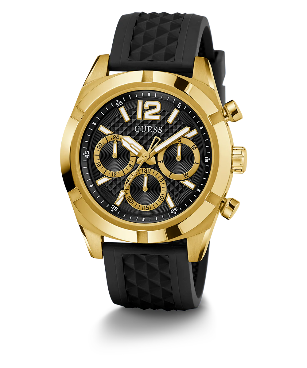 GUESS Mens Black Gold Tone Multi-function Watch