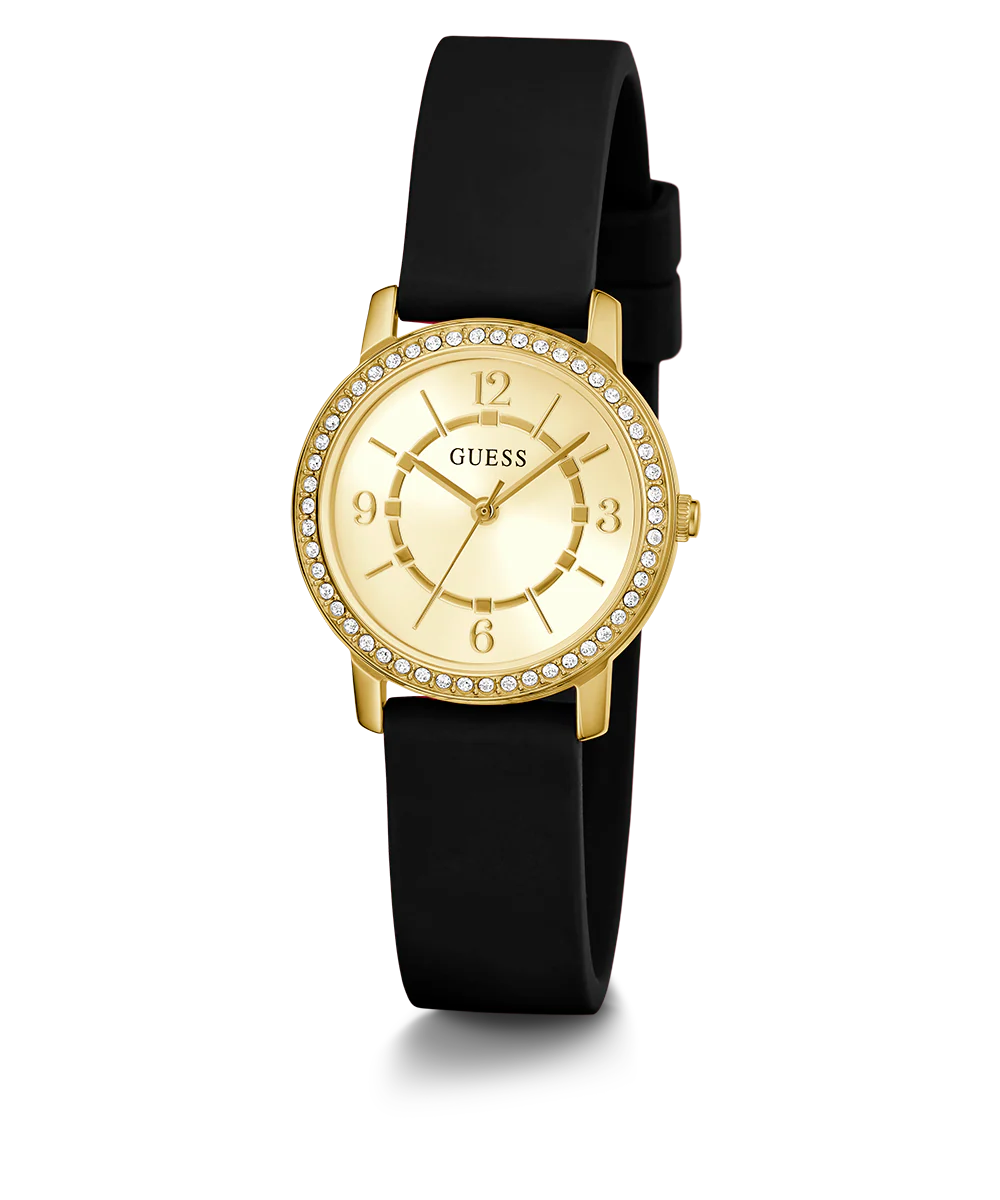 GUESS Ladies Black Gold Tone Analog Watch