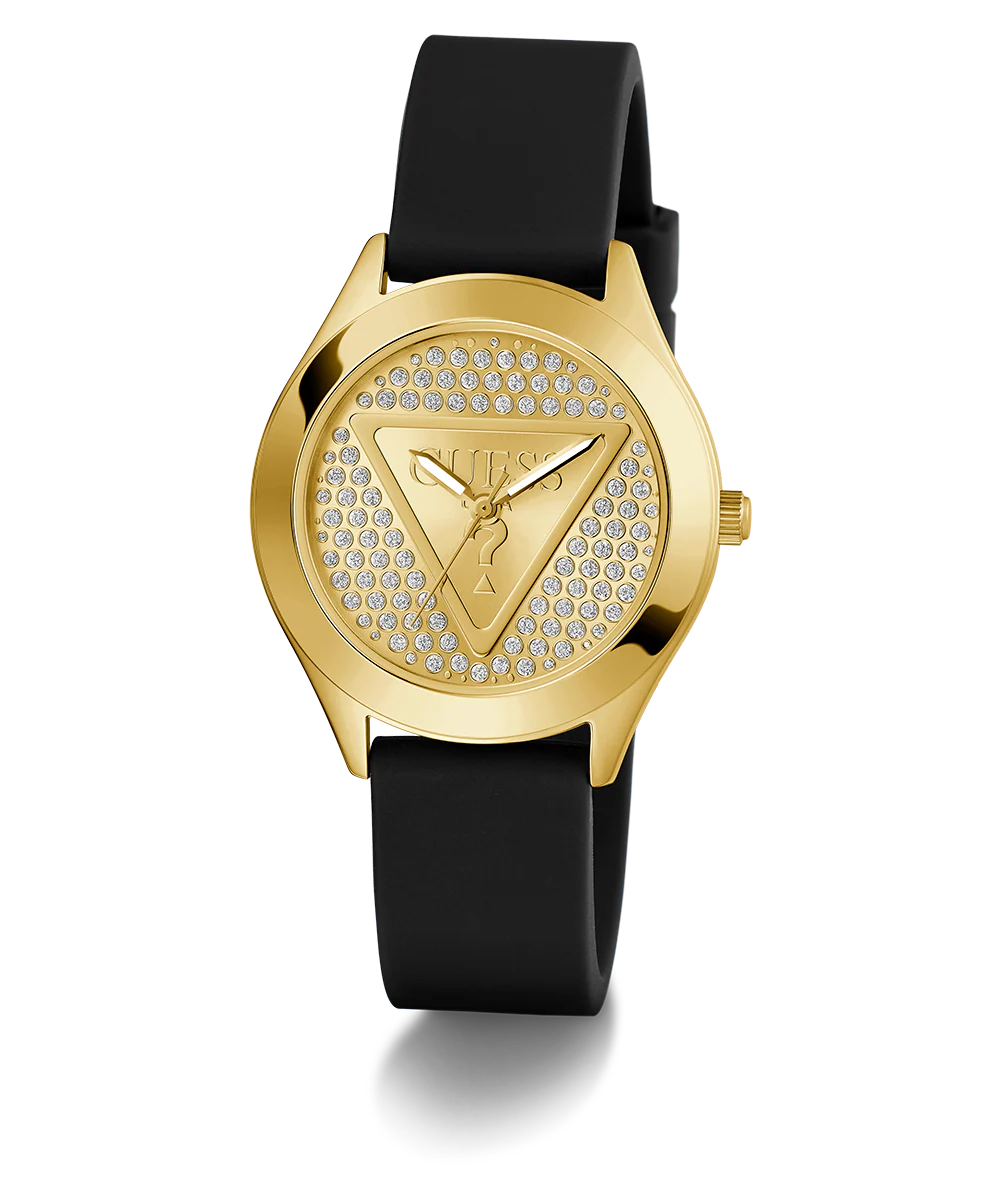 GUESS Ladies Black Gold Tone Analog Watch