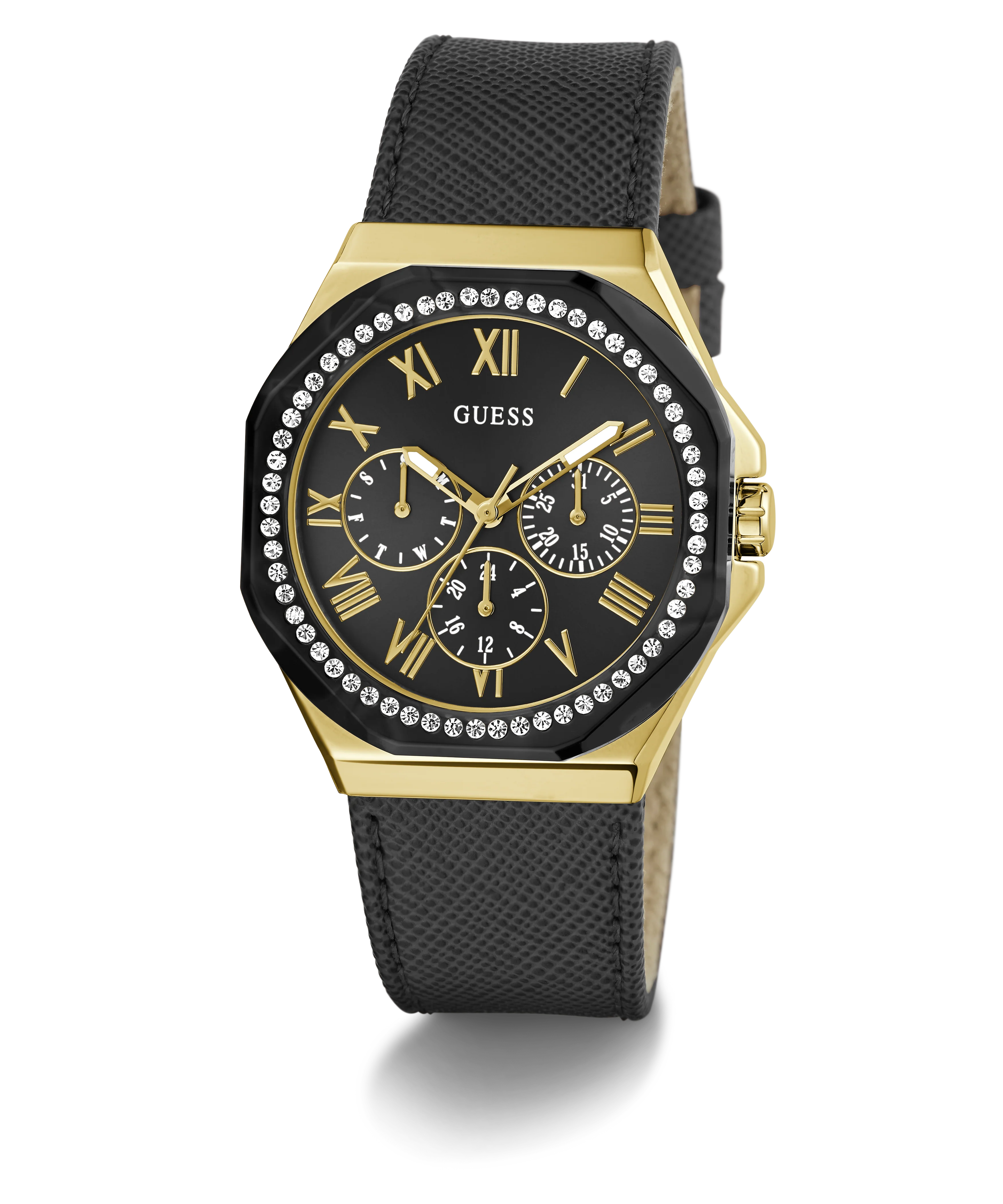 GUESS Ladies Black Gold Tone Multi-function Watch