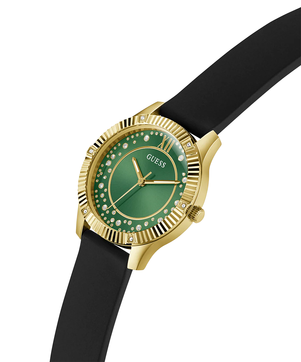 GUESS Ladies Black Gold Tone Analog Watch