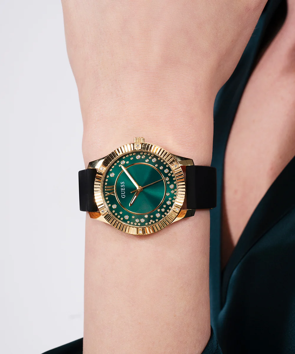 GUESS Ladies Black Gold Tone Analog Watch