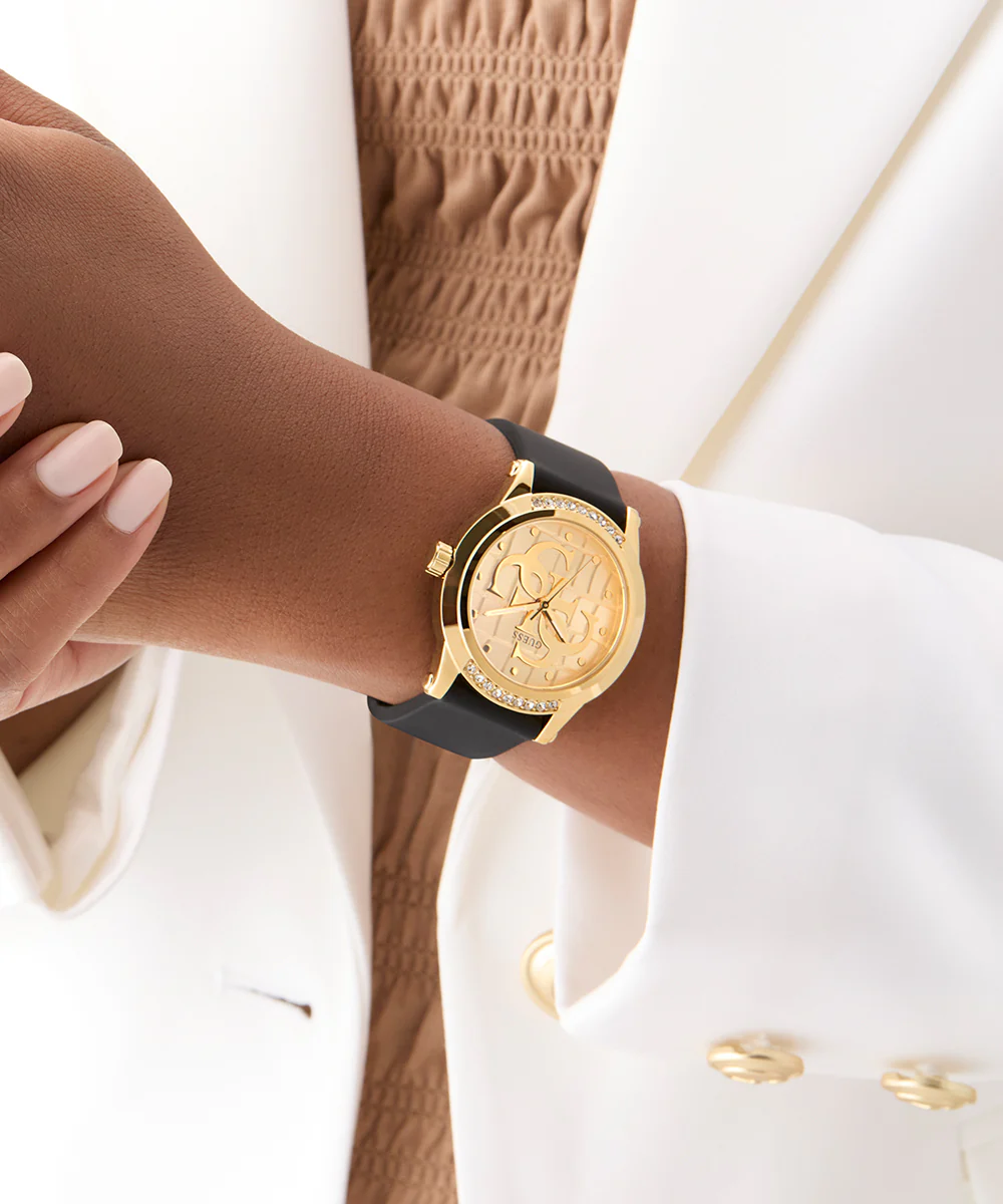 GUESS Ladies Black Gold Tone Analog Watch