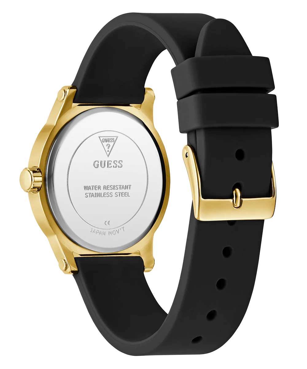 GUESS Ladies Black Gold Tone Analog Watch
