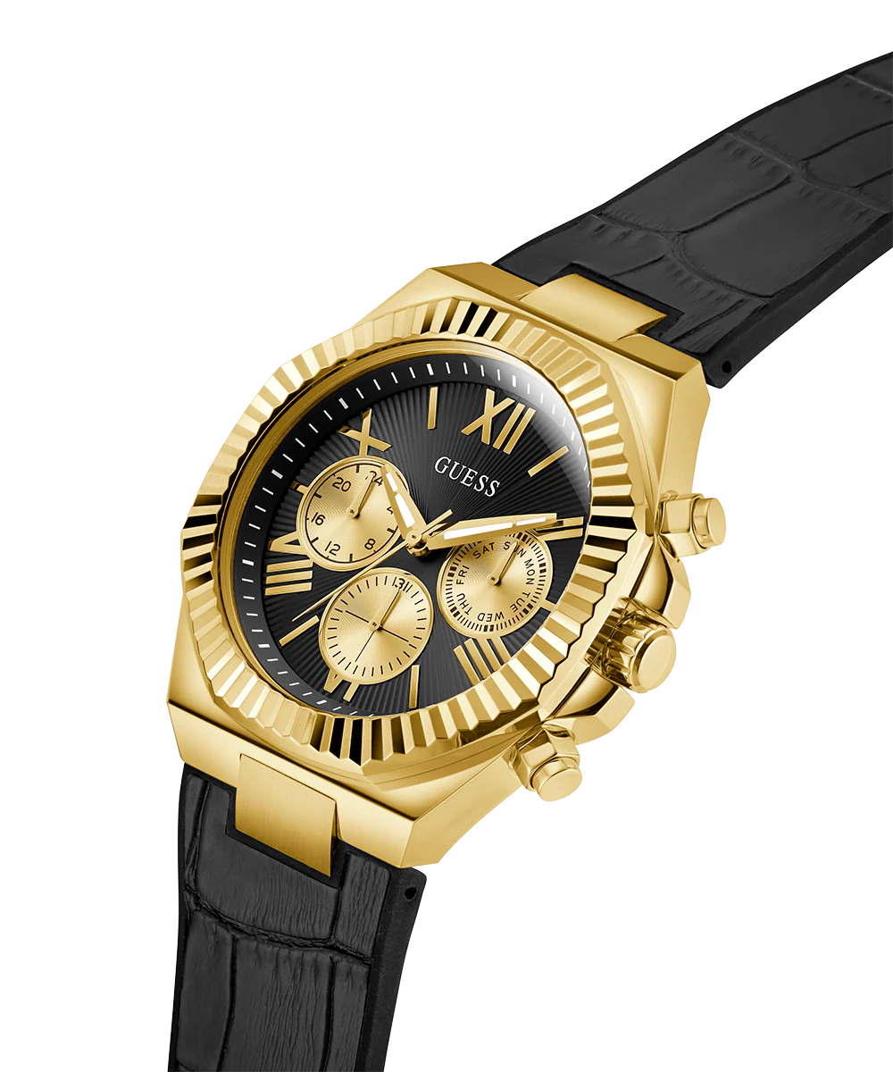 GUESS Mens Equity Black Gold Tone Multi-function Watch