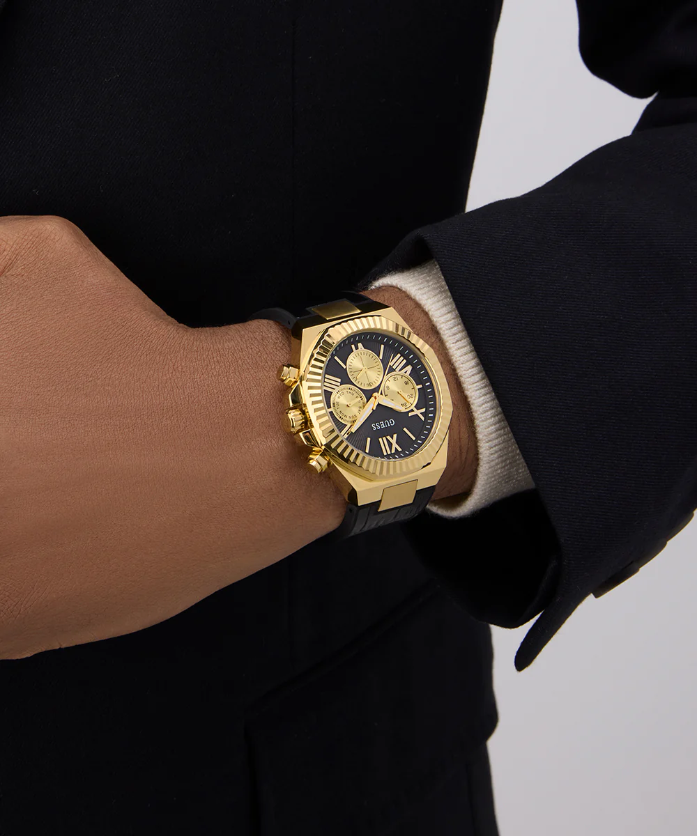 GUESS Mens Equity Black Gold Tone Multi-function Watch