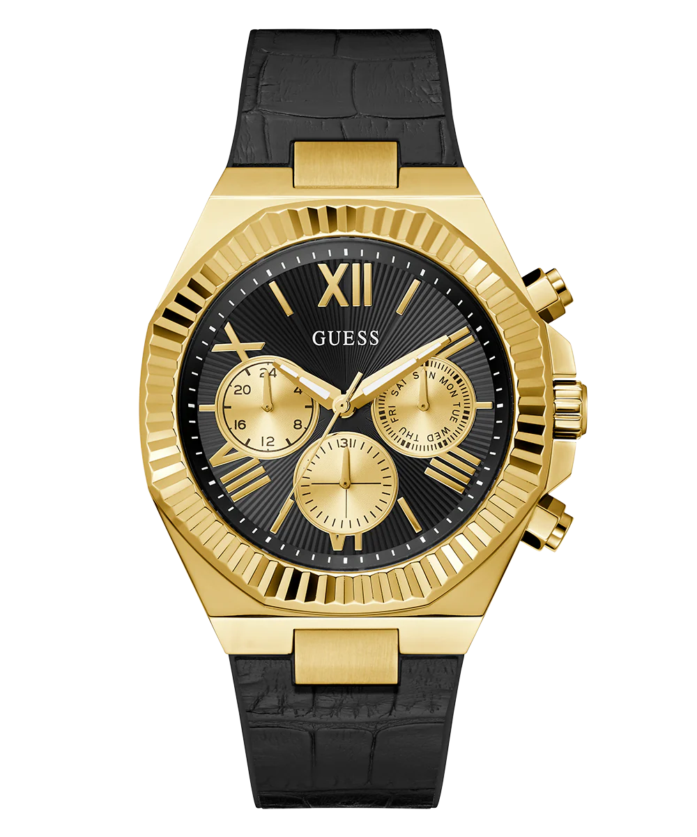 GUESS Mens Equity Black Gold Tone Multi-function Watch