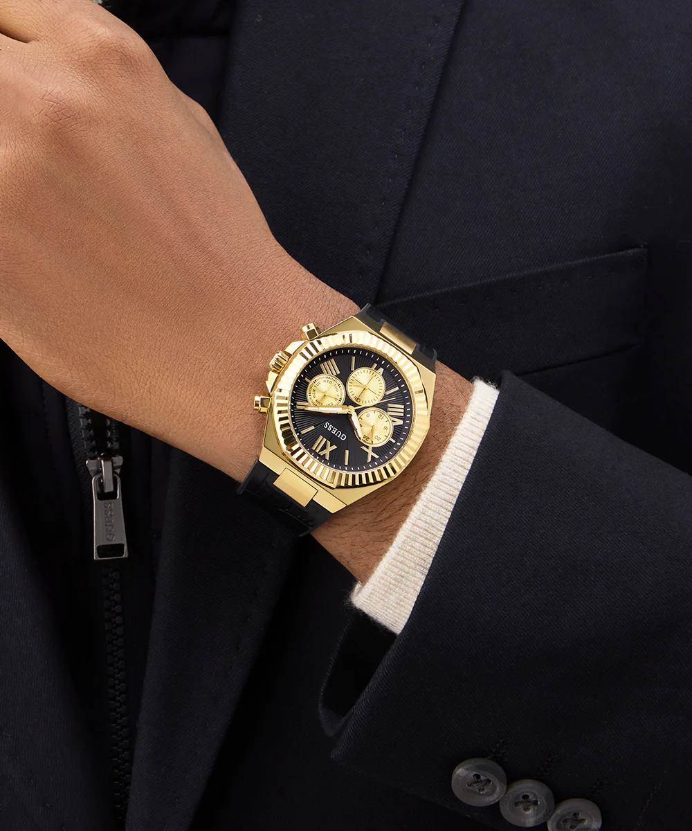 GUESS Mens Equity Black Gold Tone Multi-function Watch