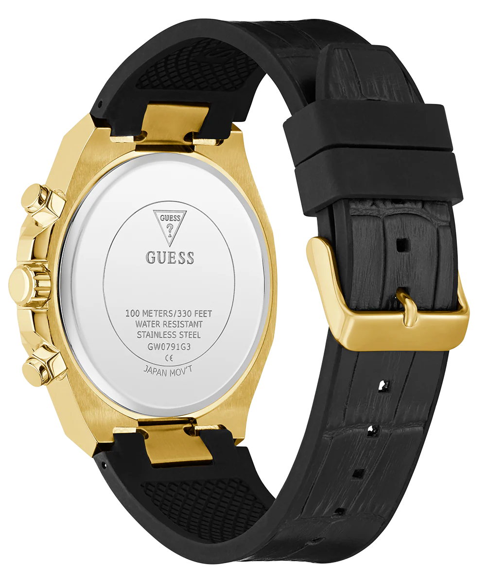 GUESS Mens Equity Black Gold Tone Multi-function Watch