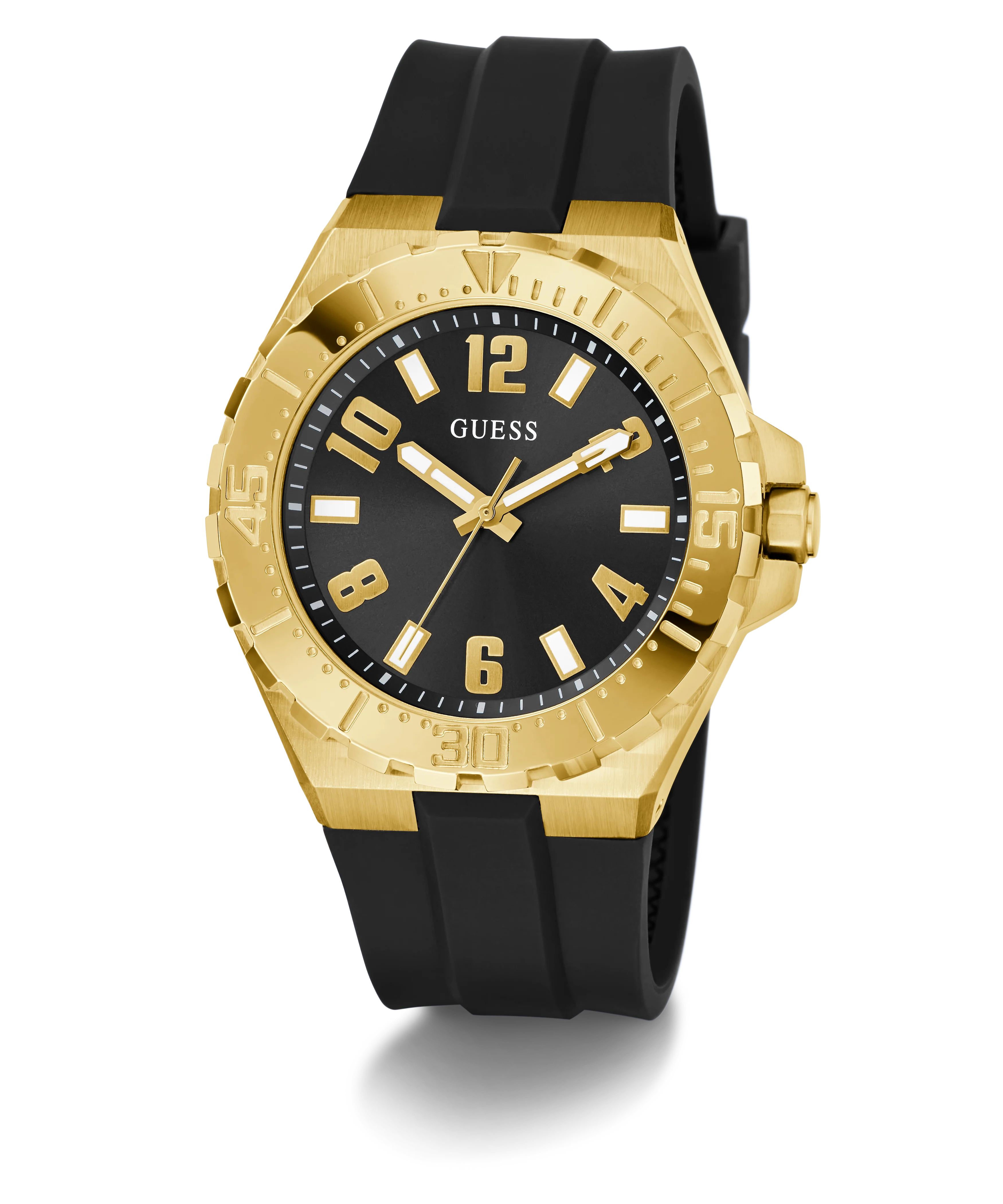 GUESS Mens Black Gold Tone Analog Watch