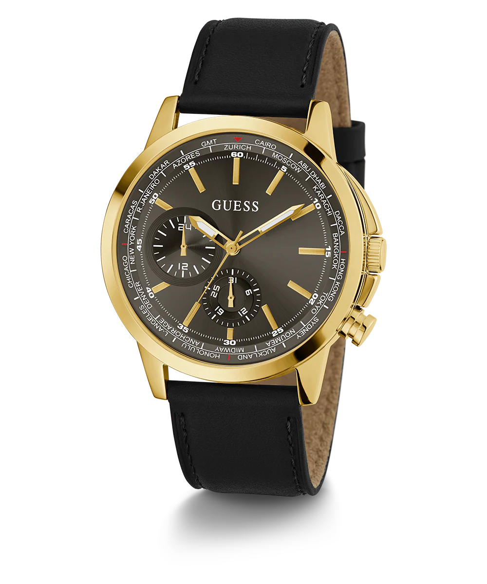 GUESS Mens Black Gold Tone Multi-function Watch