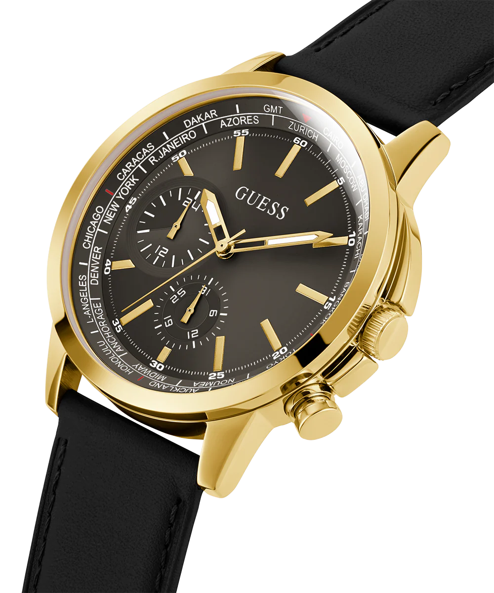 GUESS Mens Black Gold Tone Multi-function Watch