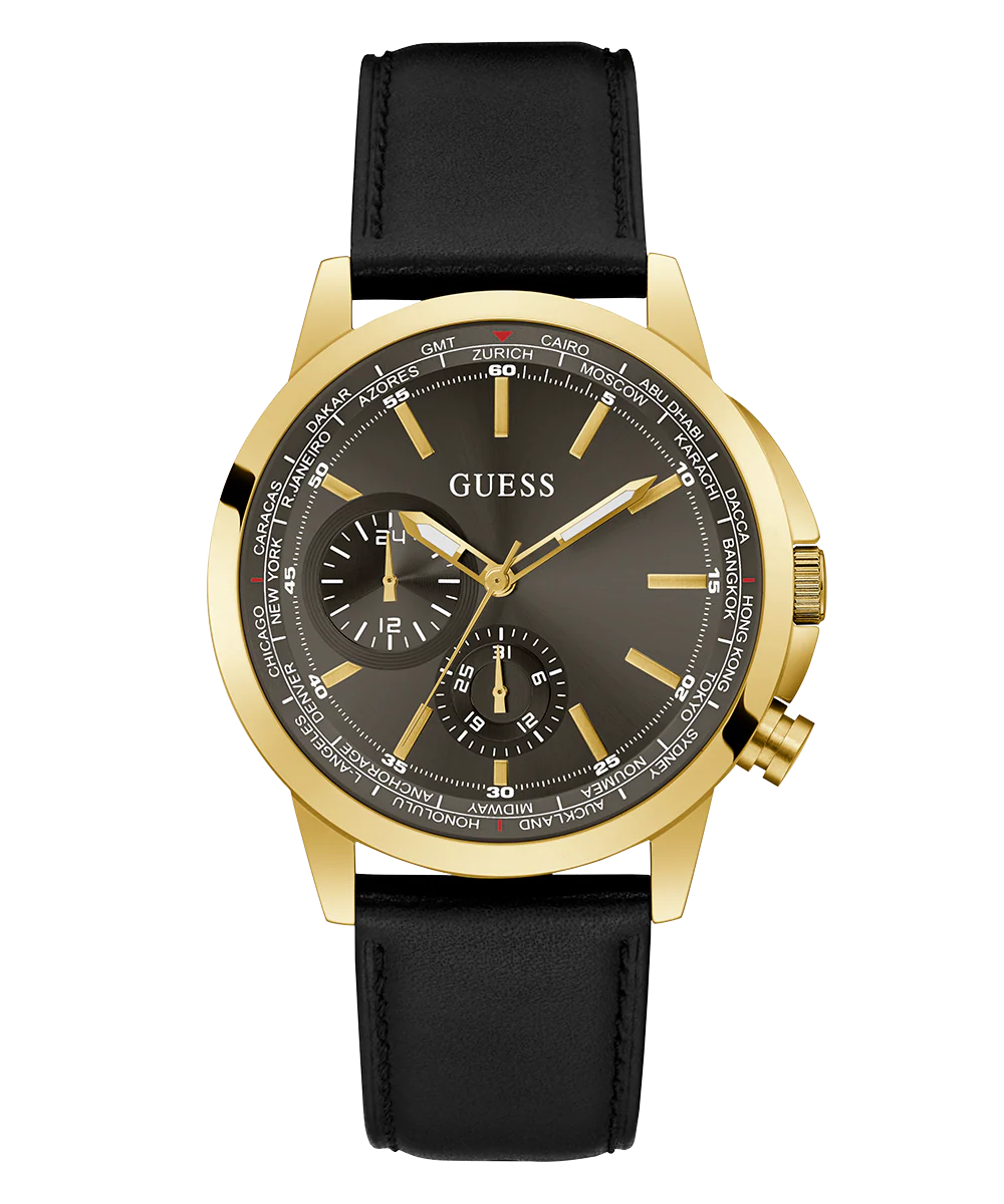 GUESS Mens Black Gold Tone Multi-function Watch