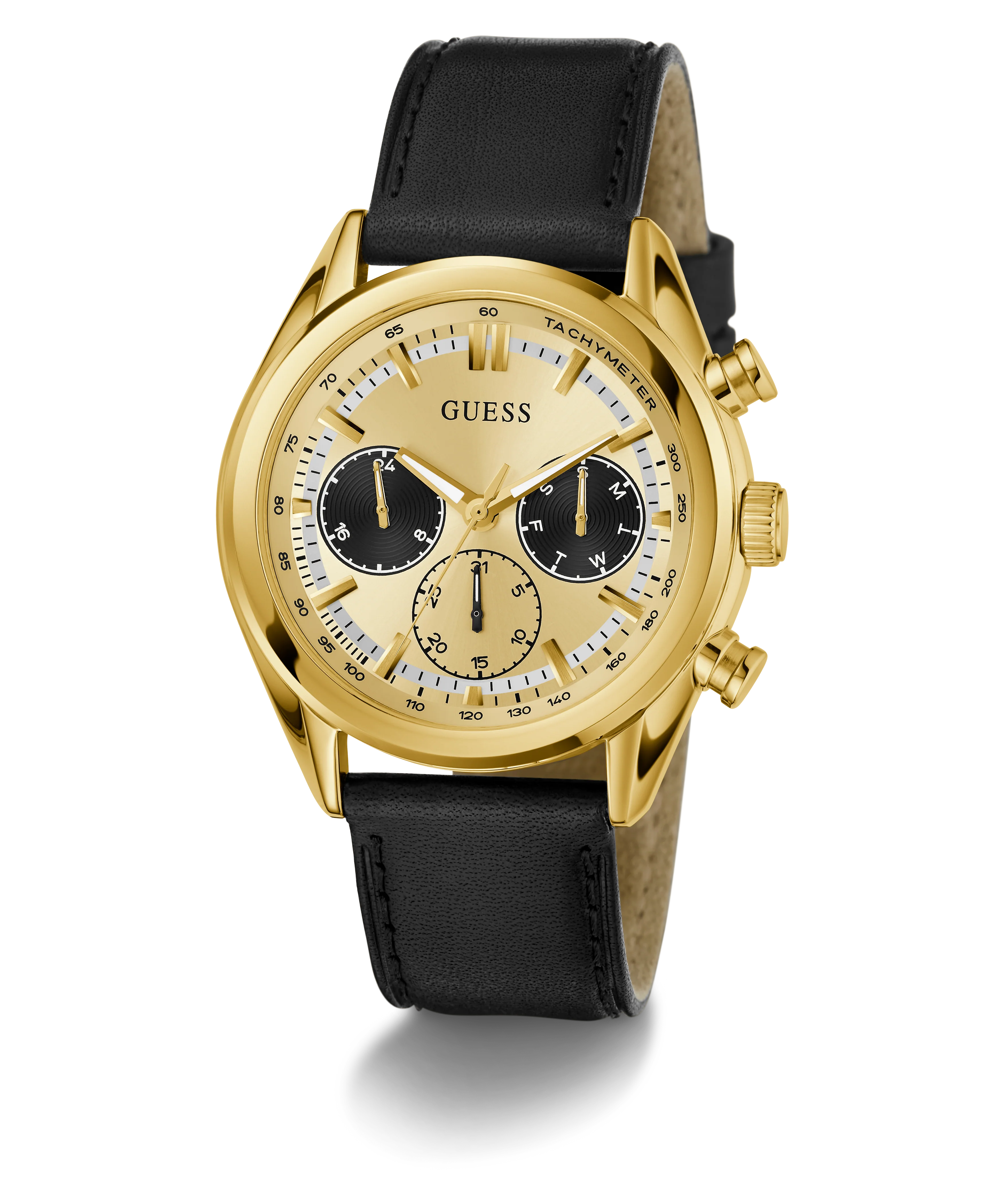 GUESS Mens Black Gold Tone Multi-function Watch
