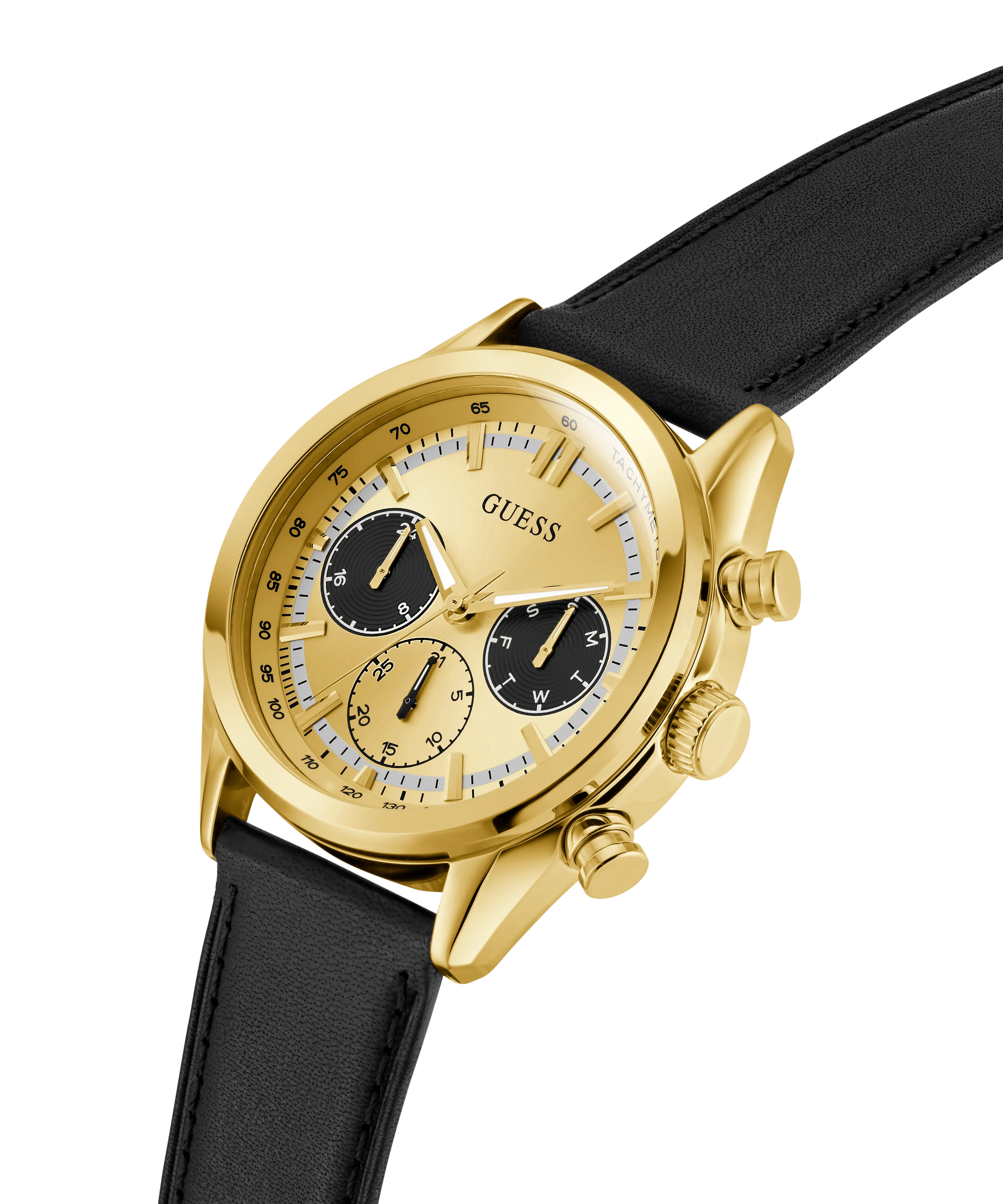 GUESS Mens Black Gold Tone Multi-function Watch